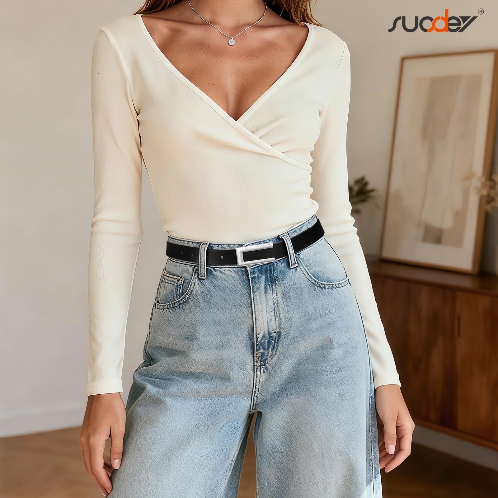 SUOSDEY Schmaler Gürtel für Damen, Dünner Ledergürtel Mode Taillengürtel für Kleid Jeans mit Goldschnalle