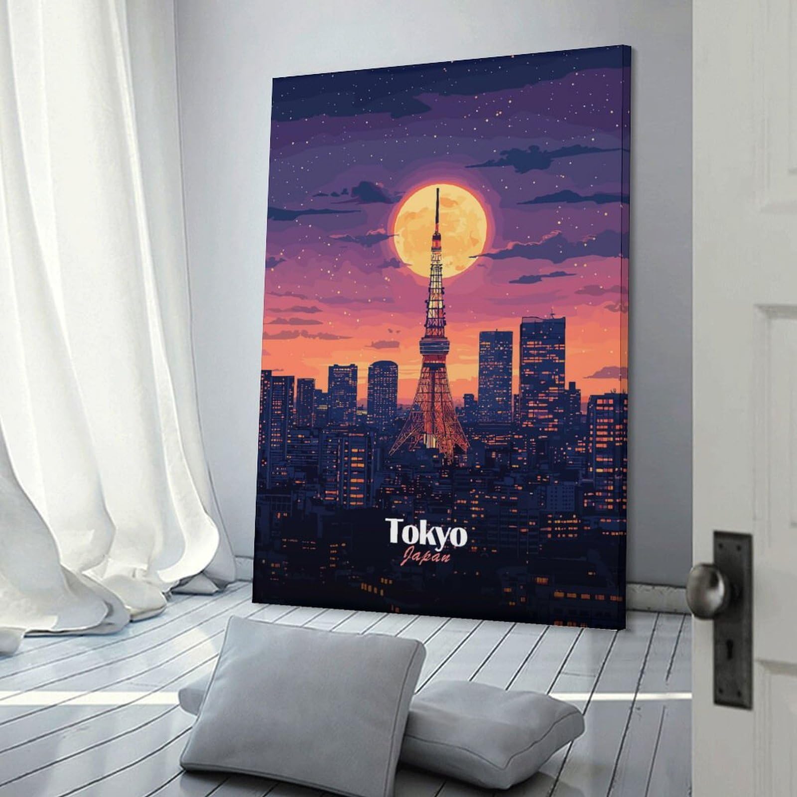Junmoney Wall Picture Print Tokyo Skyline Night, 20x30inch(50x75cm), for Wall Displays, Bedrooms Or Room Updates, Wall Decor Suited to Curated Displays