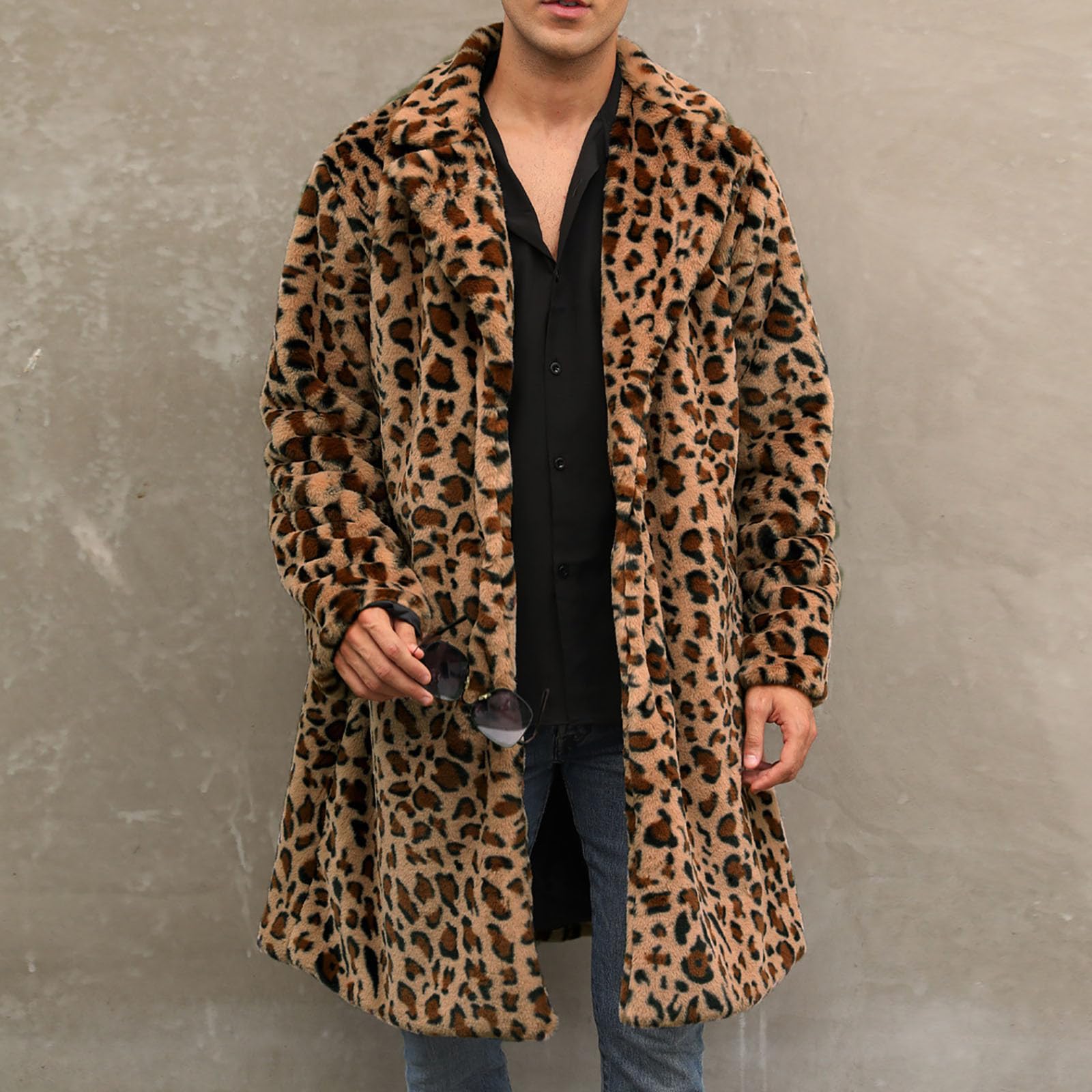 KHIRVWL Herren Pelzmantel Leopard Mantel Elegant Wintermantel Warme Kunstpelz Flauschige Mode Mantel Oversize Wintermantel Faux Fur Flauschige Fellmantel Kunstpelzmantel Lang