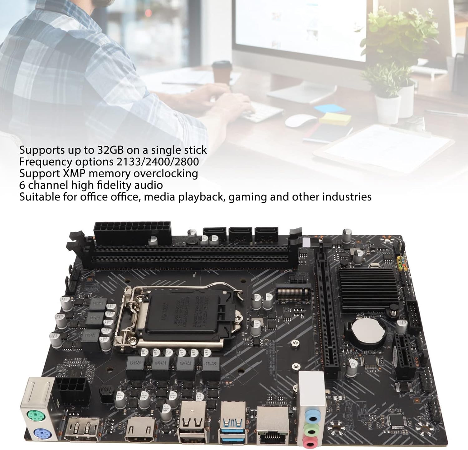 Motherboard with focus on DDR4 memory slots and CPU socket