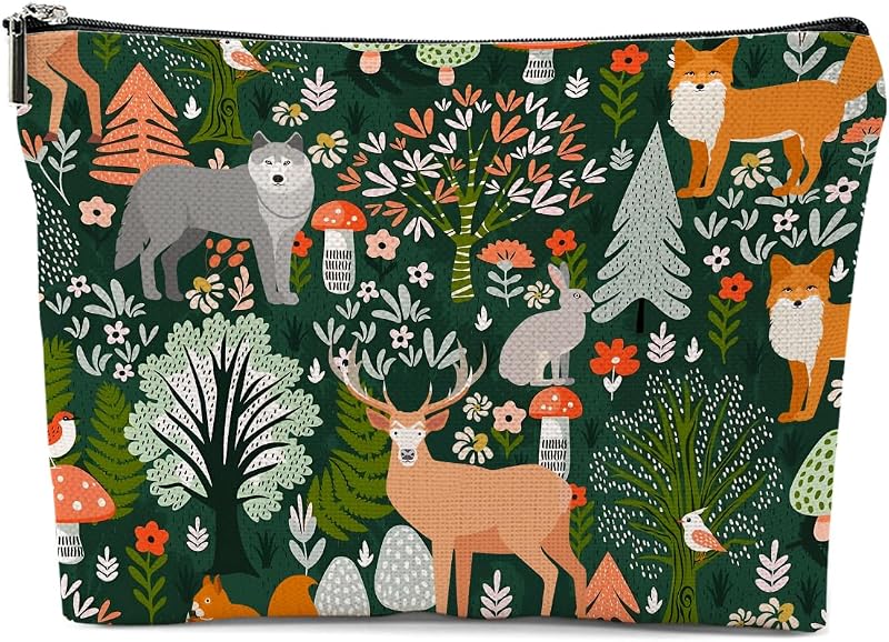 Necessaire de maquiagem XFN com estampa de animais da floresta, zíper e forro, Multicolor 0146