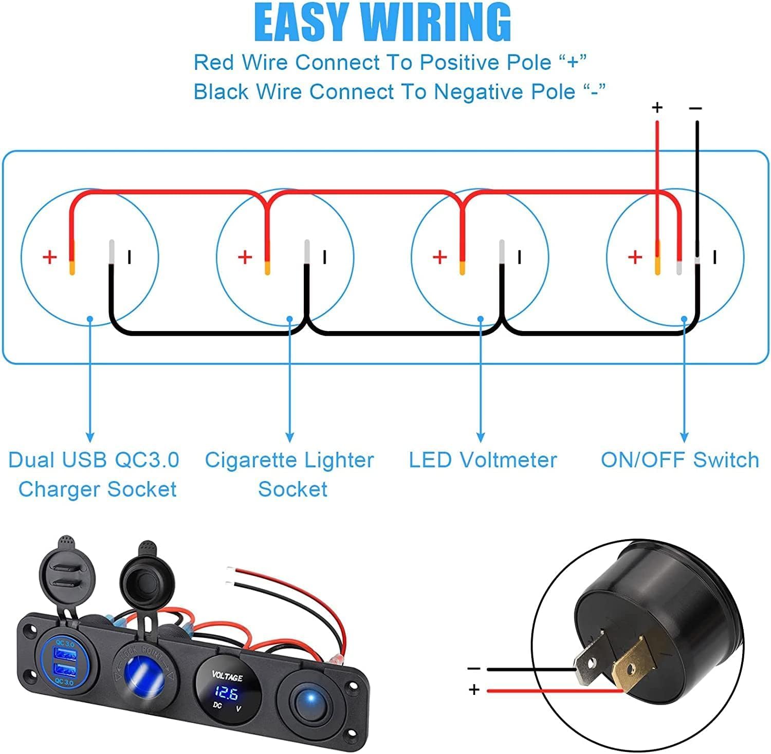 4 in 1 ON/OFF Blue Charger Socket Panel w/ Dual USB Voltmeter