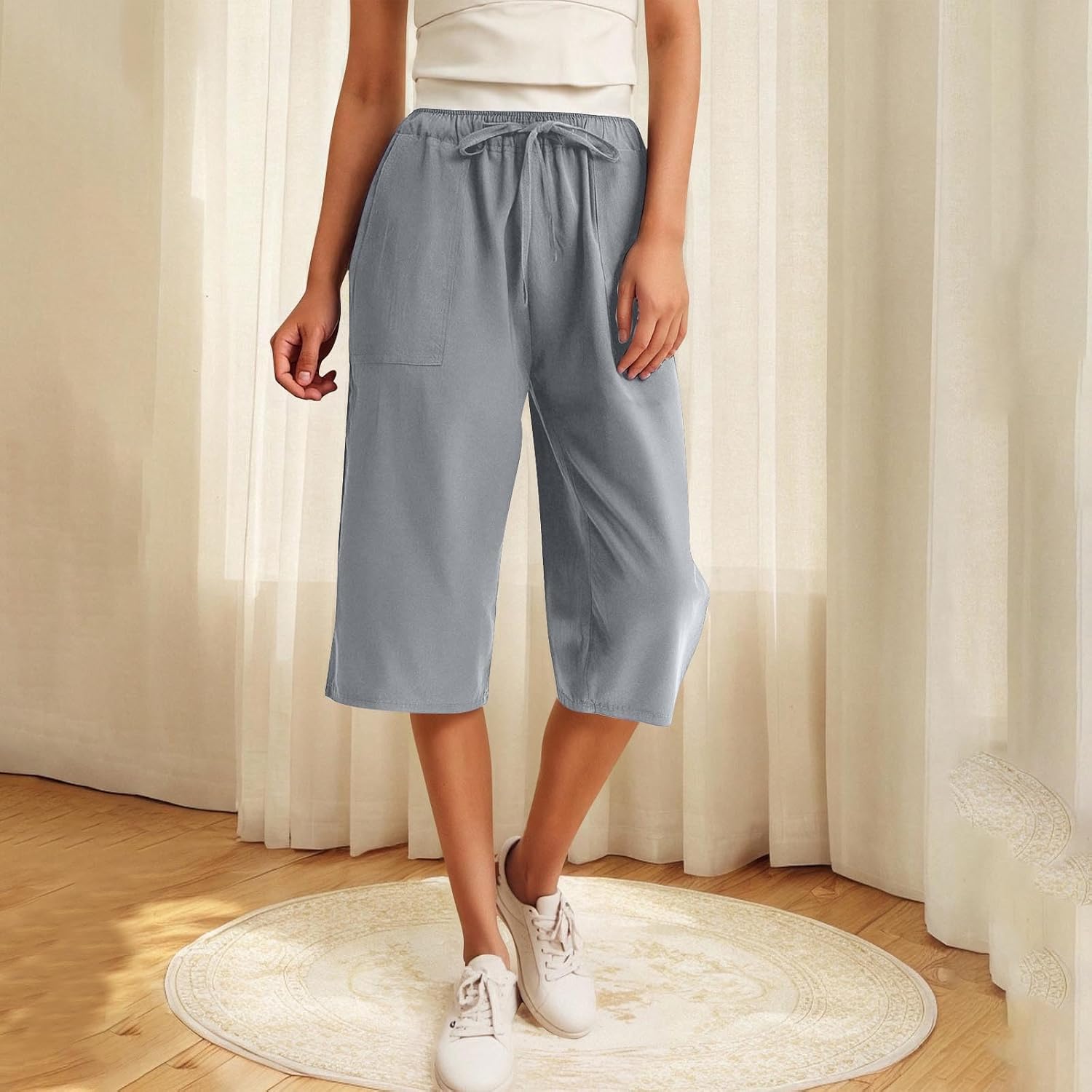 Plus Size Capri Pants for Women Wide Leg High Waisted Drawstring Loose Fit Casual Yoga Workout Sweatpant with Pocket