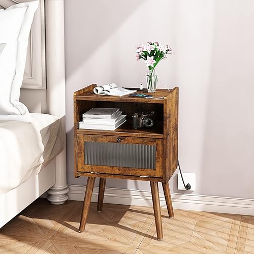 Miniatura 31 de Mesita de noche moderna de mediados de siglo con estación de carga, mesitas de noche con puerta de cristal, mesa auxiliar con espacio de Gris