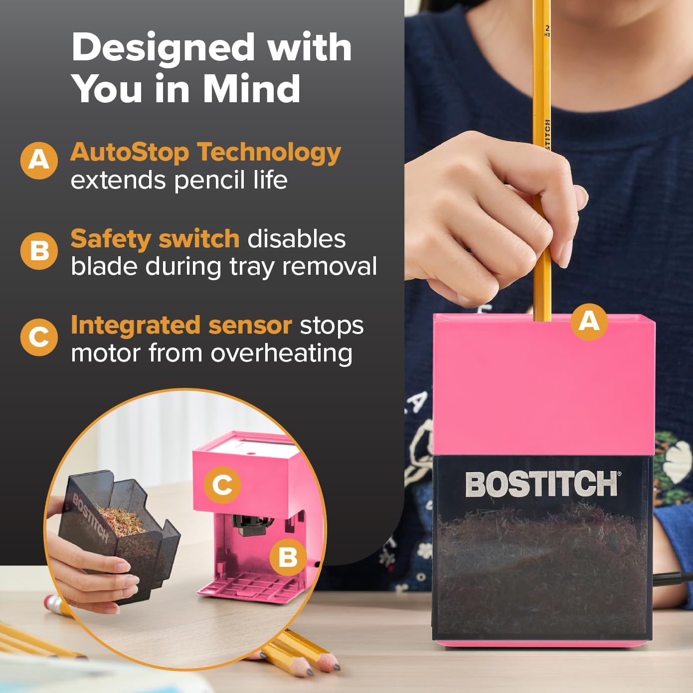 Bostitch Konnect Rechargeable Pencil Sharpener (USB-C), Auto-Stop Helical Cutter, Portable Electric Sharpener for No.2/Colored Pencils, Home, Office, Classroom, Pink