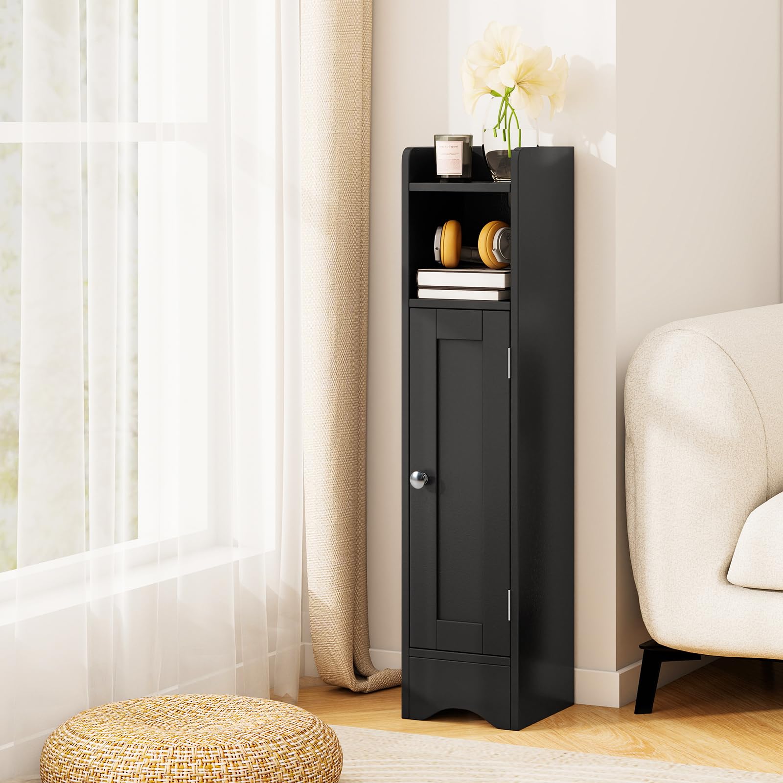 GIANTEX Armario Estrecho de Baño con Puerta, Mueble Organizador para Papel Higiénico con 5 Estantes de Almacenamiento, 2 Estantes Ajustables, 18 x 19,5 x 80 cm, para Salón, Lavandería (Negro)