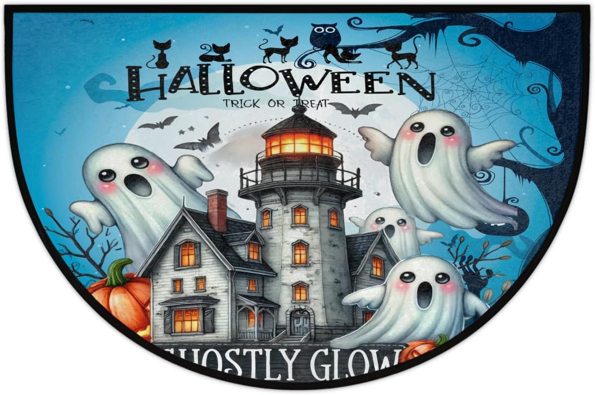 Half Round Door Mat Halloween Ghost Castle Pumpkin Moon Non-Slip Semi Circle Area Rug Washable Semi Circle Floor Rug for Indoor Outdoor Living Room Bathroom Kitchen Patio Hearth Rugs Home Decoration