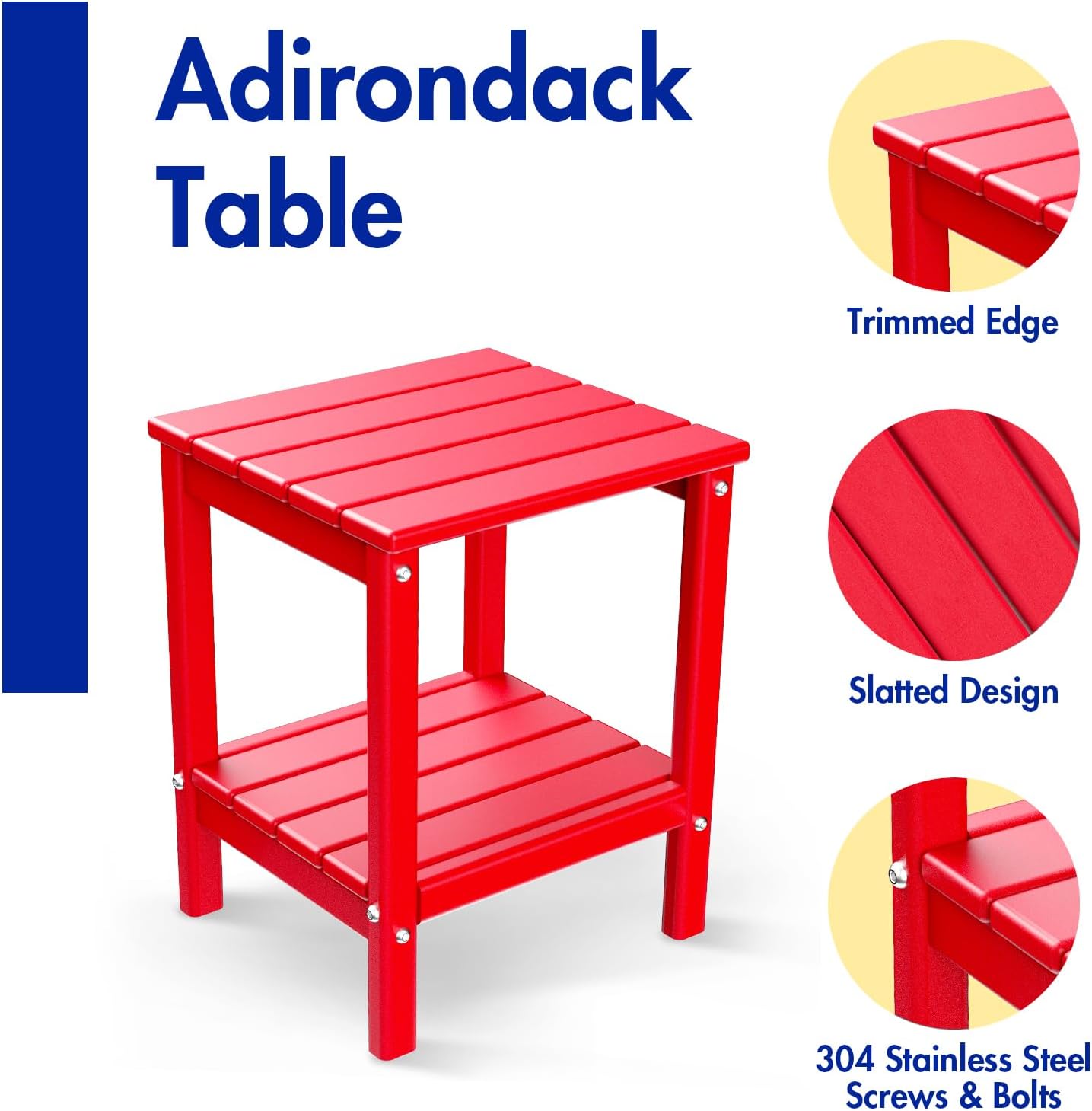 BRIOPAWS Outdoor-Side-Tables | Set of 2 | Small | HDPE Plastic | Patio End-Table | 2-Shelf Adirondack Outside Tables | All Weather | for Poolside Front Porch Indoor Living Room | 14" x 13" | Red