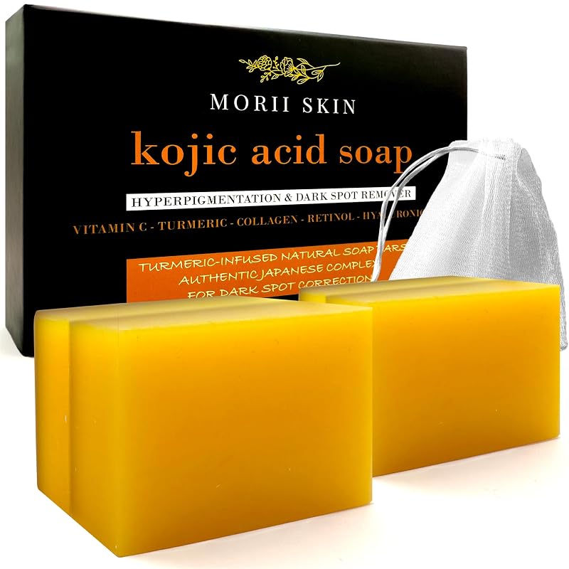 Sabonete em barra MORII SKIN com cúrcuma, ácido kójico, vitamina C, retinol e colágeno, Pacote com 4 e rede de espuma