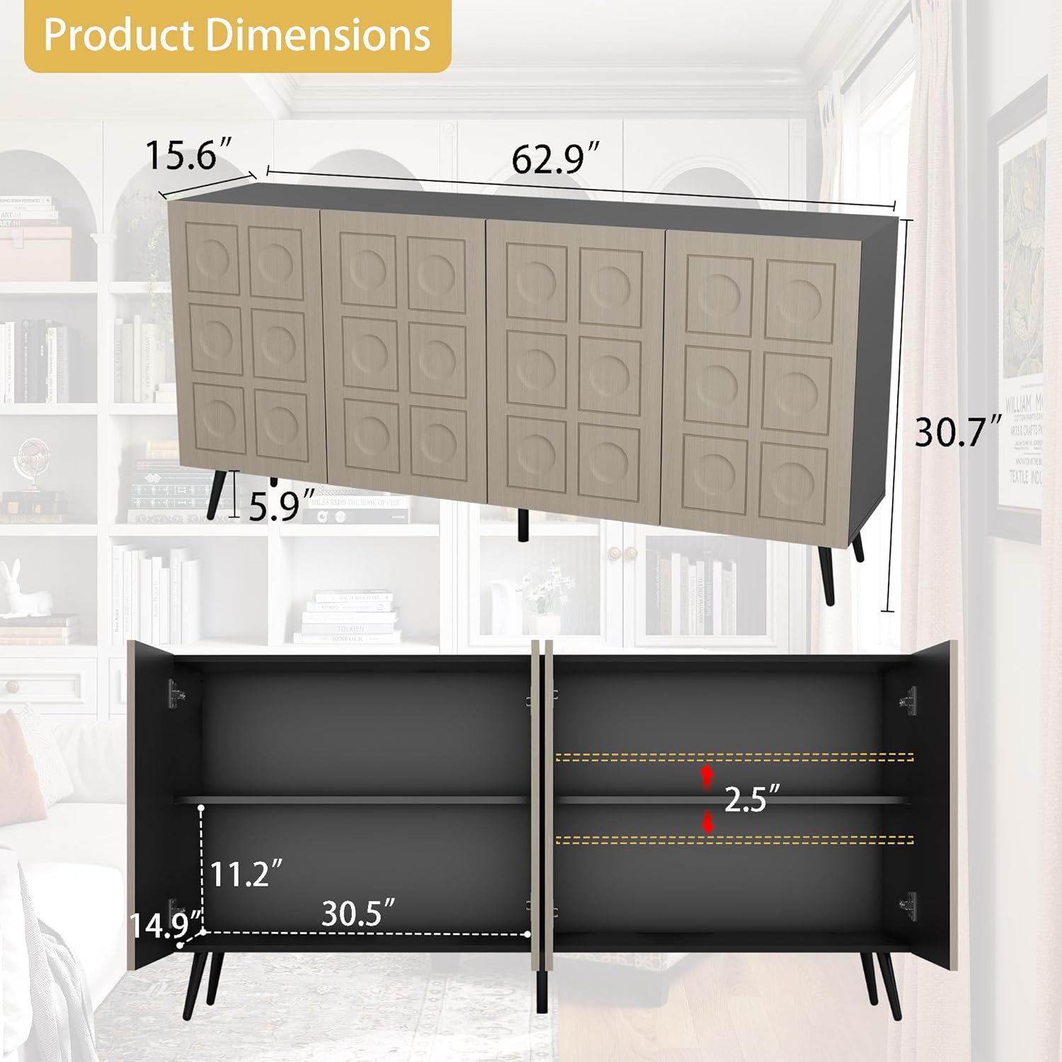 Oak and Black Buffet Cabinet: 63" Modern Credenza Sideboard Buffet Cabinet with Storage, Fluted Console Cabinets with 4 Doors, Large Accent Cabinets for Living Room (Black & Oak)