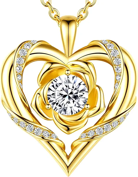 Beam & Bask Rose Flower Heart Moissanite Necklaces for Wife, S925 Silver Pendant for Women, 18K Gold Plated Jewelry for Her Girlfriend Mom for Anniversary Birthday