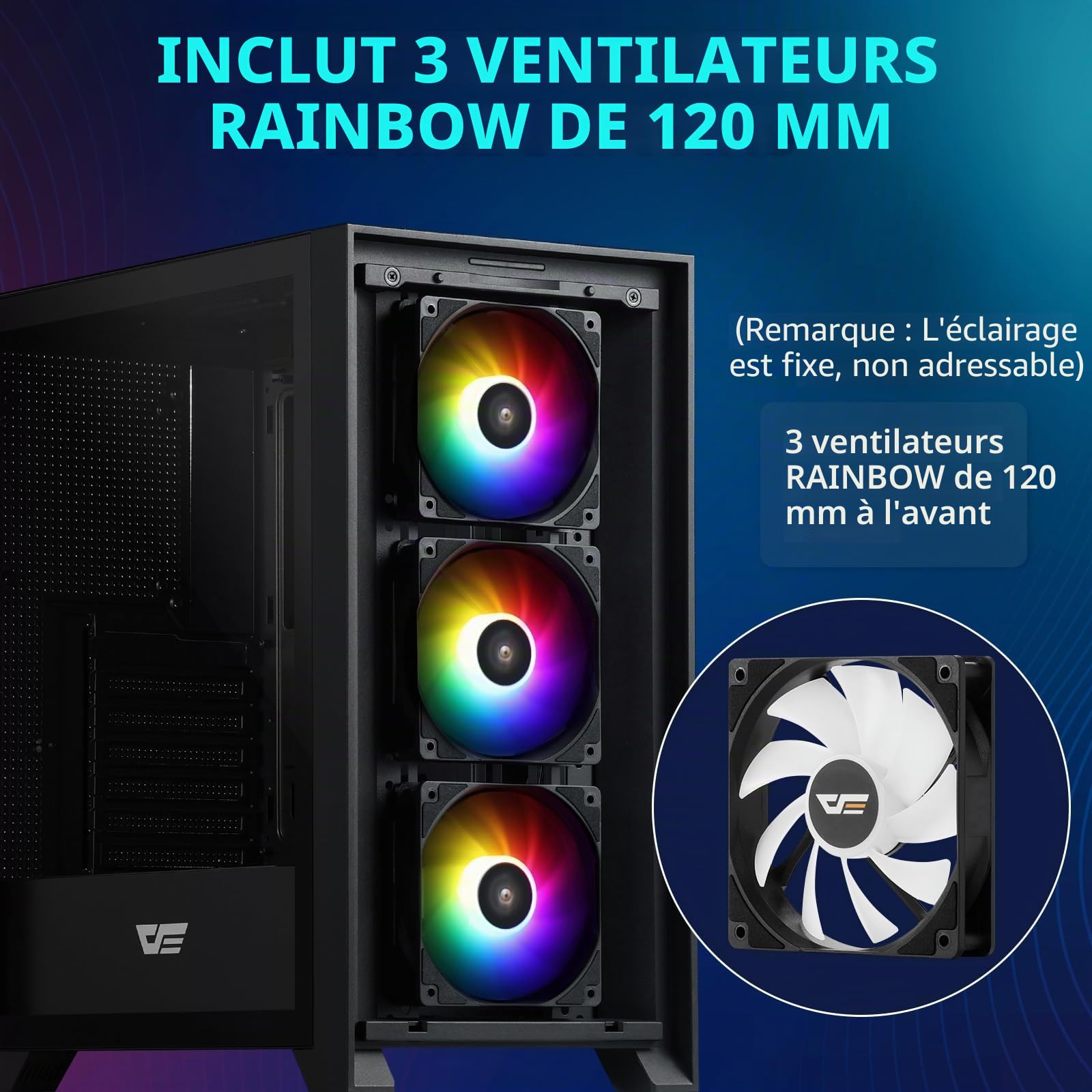 darkFlash ATX DRX70 Boîtier PC PC de Jeu pré-installé avec Panneau Avant en Maille et Panneau latéral en Verre trempé 3 x 120 mm Noir