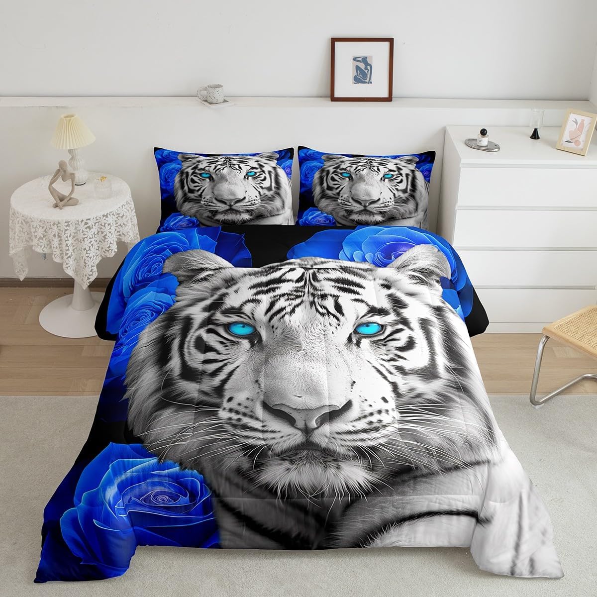 White Tiger Kids Comforter Set Queen Size,Blue Flowers Romantic Rose Floral Bedding Set for Adult Women,3D Wild Animal Africa Style Luxury Bed Duvet Insert, 2 Pillowcases