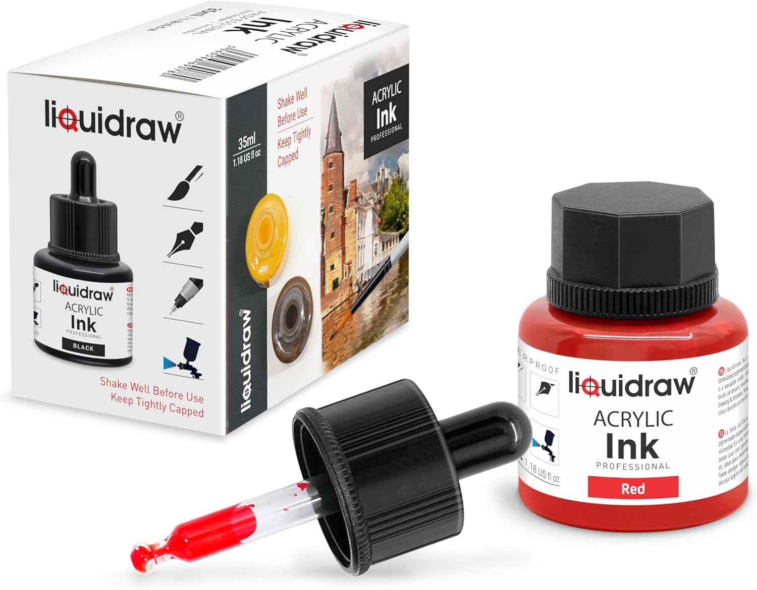 Liquidraw Acrylic Drawing Ink - 10 x 1.18 fl oz (35 ml) Bottles with Ink Dropper | Suitable for Painting, Art Drawing & Design | Great for Professionals, Artists, Students & Hobbyists | Craft Gift