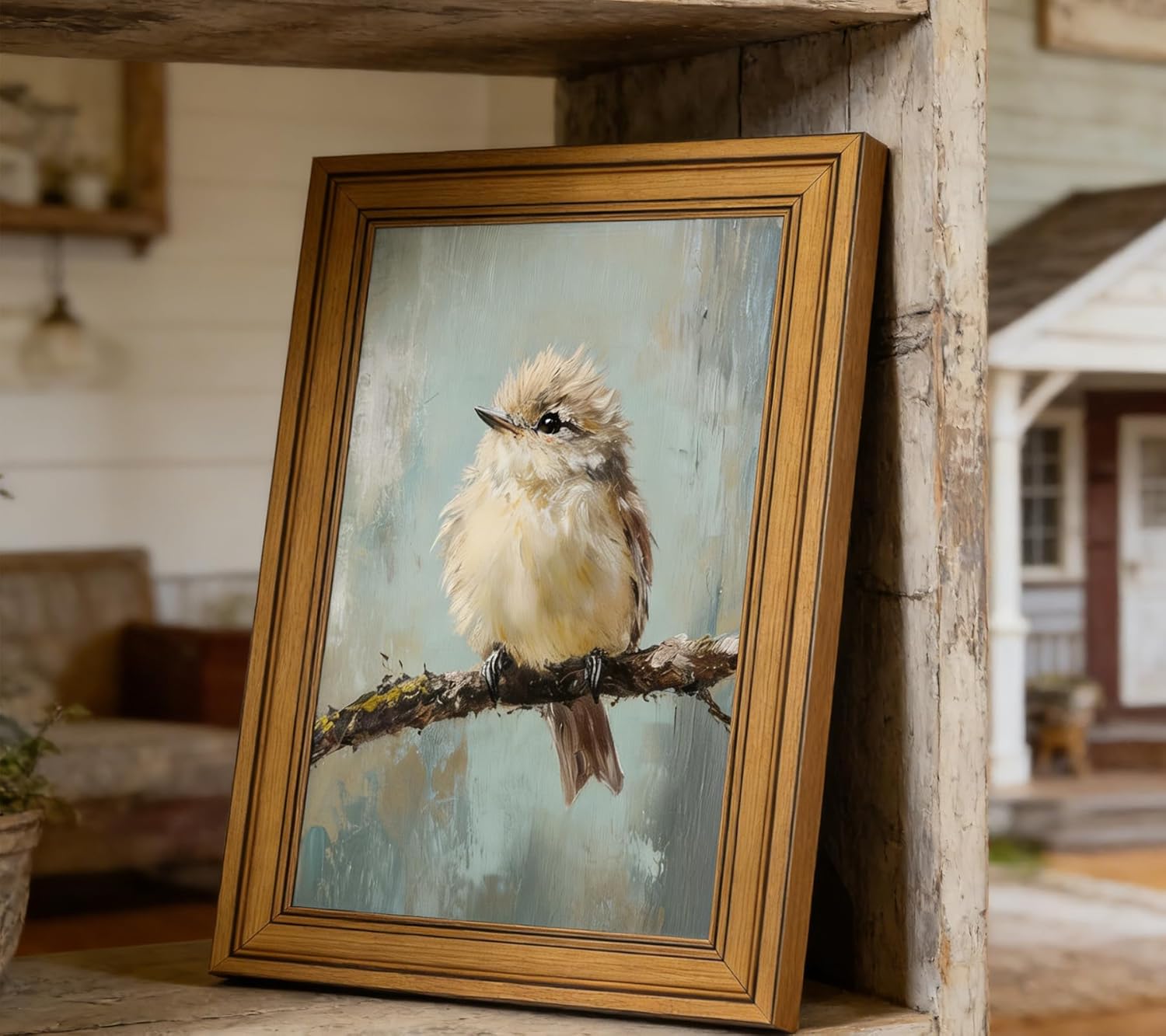 Vintage Gold Framed Bird Canvas Wall Art, Bird Beige Sparrow Painting Picture Wall Decor, Sparrow on Branch Posters Prints Artwork for Living Room, Bedroom, Kitchen, Home Decoration 12x16in