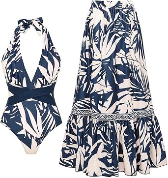 FLAXMAKER Womens One Piece V-Neck Adjustable Halter Leaf Print Bathing Suit Swimsuit and Skirt/Pants