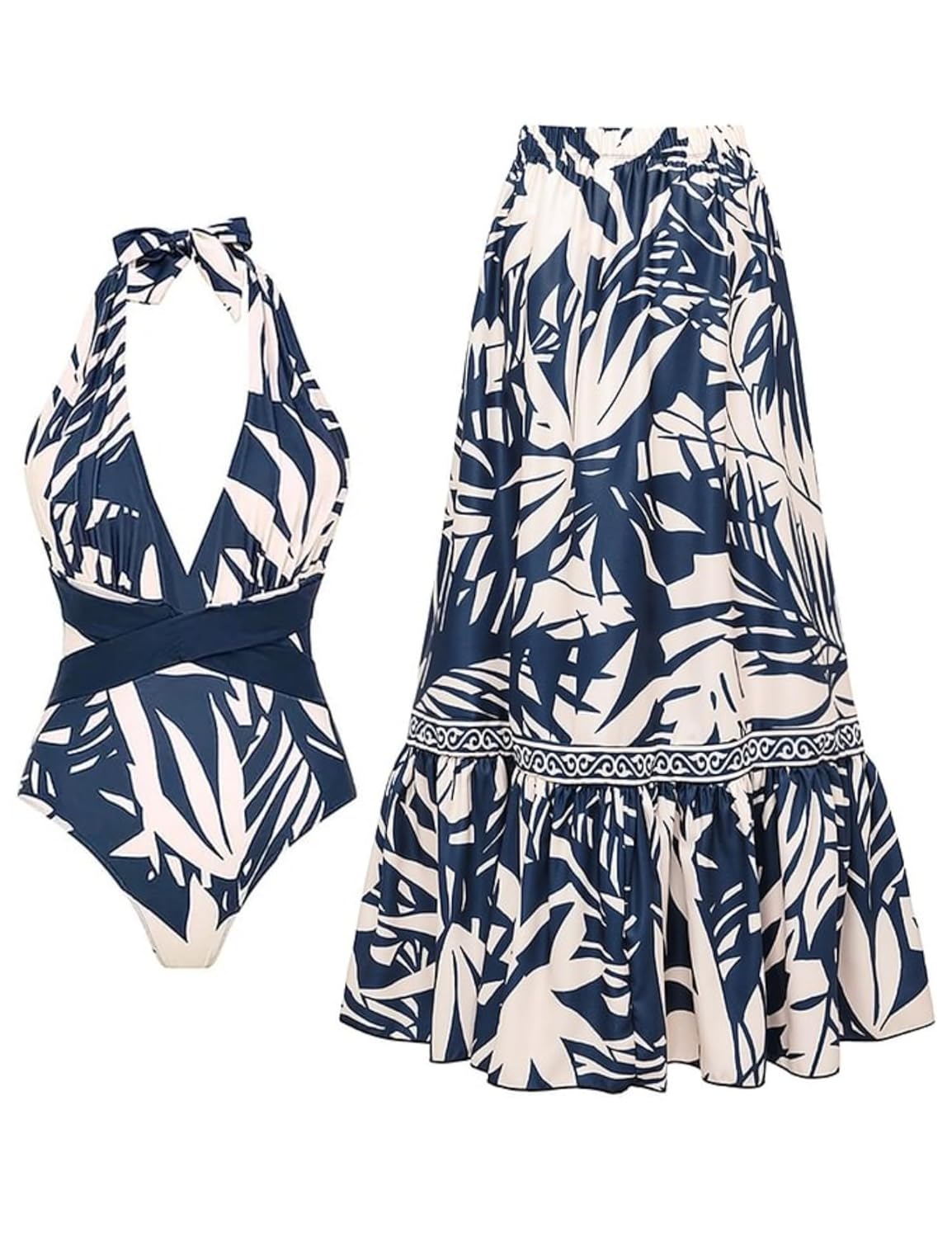 FLAXMAKER Womens One Piece V-Neck Adjustable Halter Leaf Print Bathing Suit Swimsuit and Skirt Pants