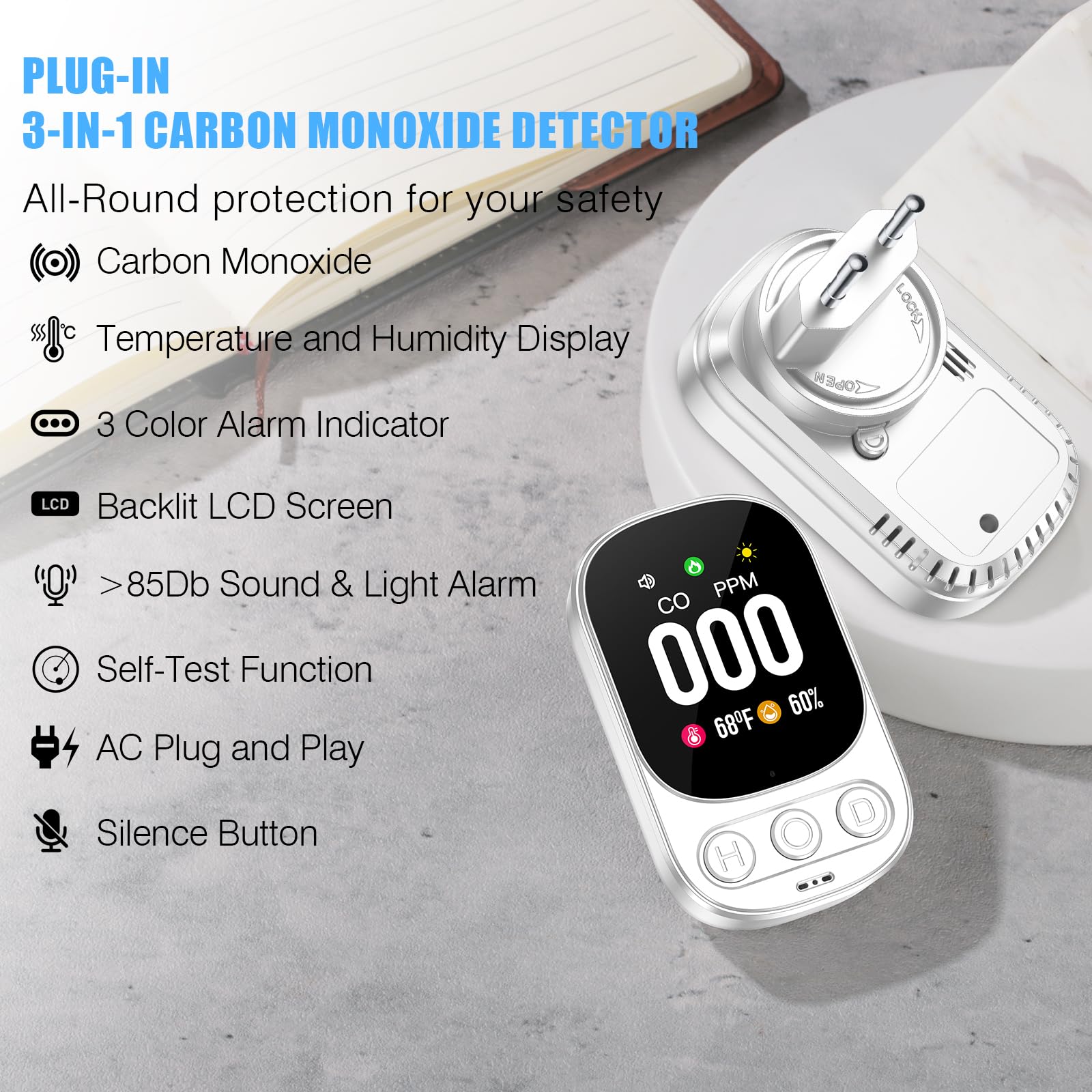YOJOCK Rilevatore di Monossido di Carbonio 3-in-1 con Sensore di Temperatura e Umidità, Facile da Installare, Certificato EN 50291 – Rilevatore CO Portatile per Casa, Cucina, Garage (Bianco)