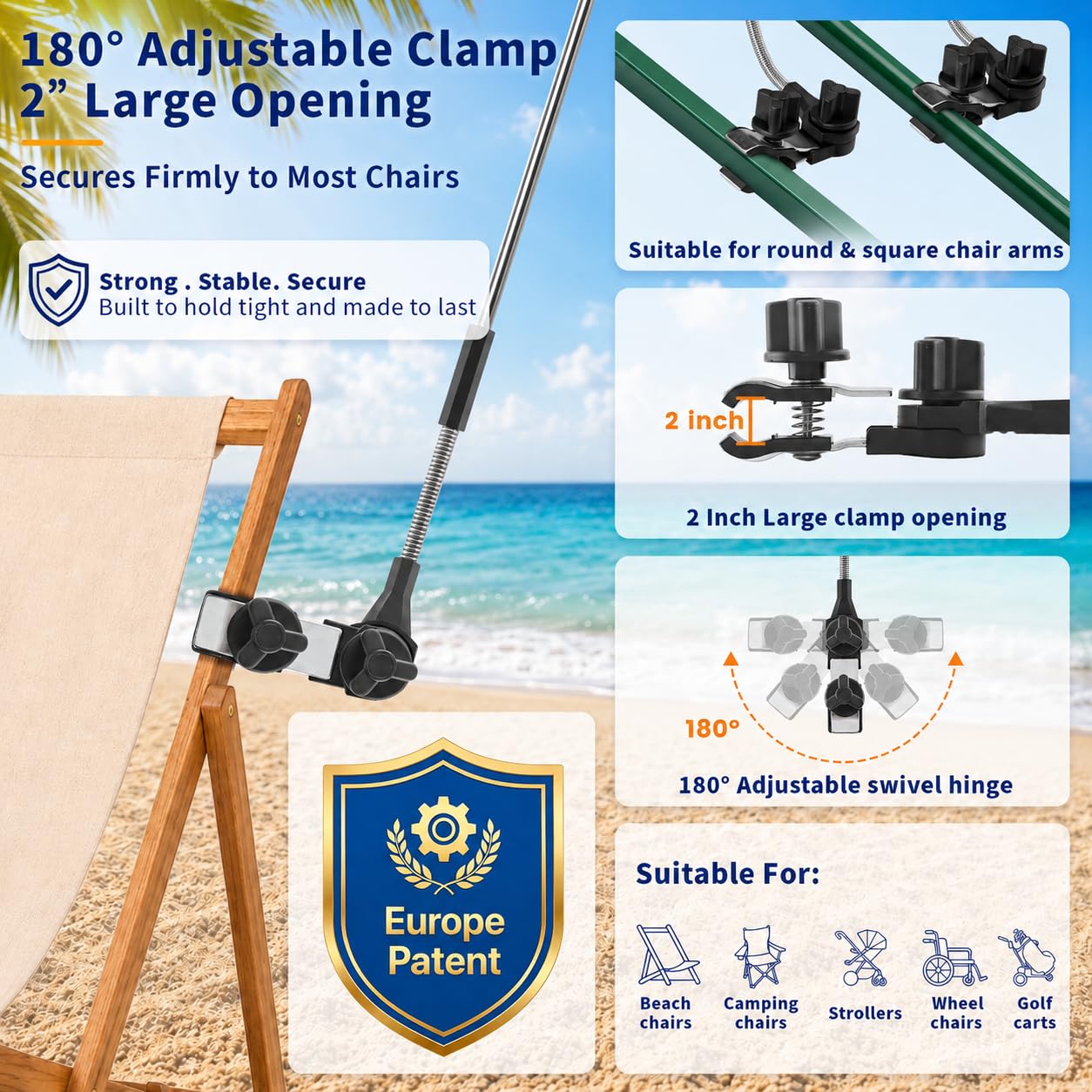 2er-Pack 124cm Strandstuhl Sonnenschirm mit Klemme, UPF50+ UV-Schutz, 360° drehbarer Clip-On Sonnenschutz, tragbarer Schirm für Strandstuhl, Camping, Golf, Kinderwagen,Rollstuhl