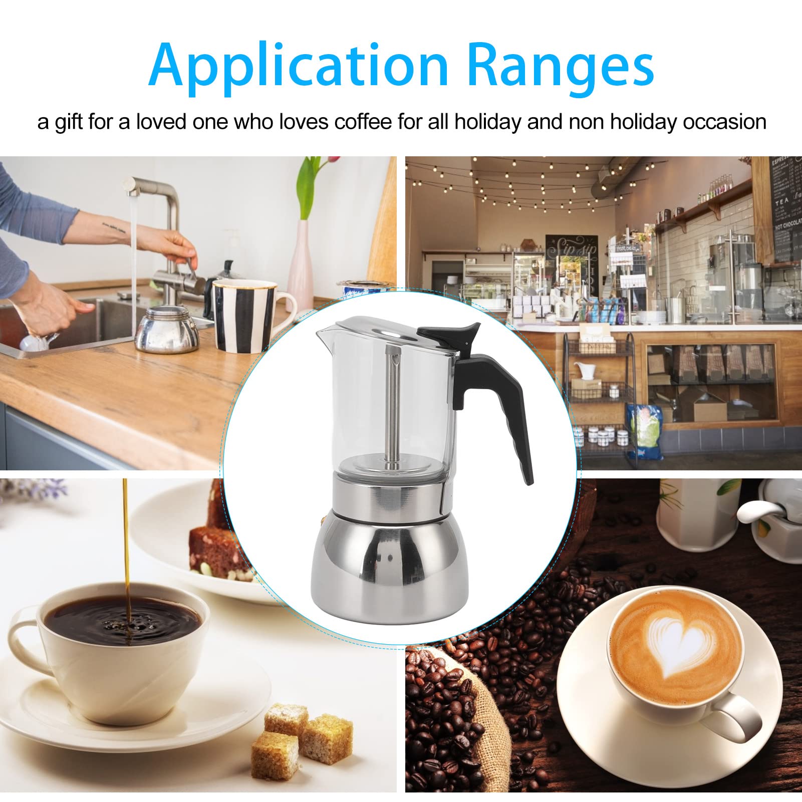 Moka de vidrio con base de acero inoxidable, italiana para estufa, cuerpo de vidrio de borosilicato resistente al calor, Moka clásica para uso en el hoga (300ML)