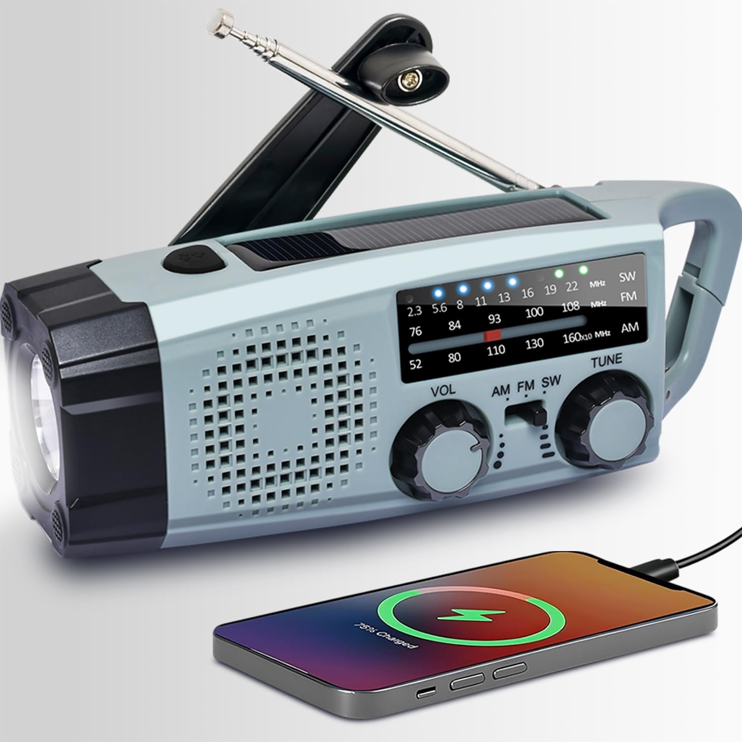 Radio Portable Urgence, Radio a Pile Rechargeable et Lampe Torche LED, Alarme SOS, Power Bank 2000mAh, Recharge par USB/Solaire/Dynamo, Radio AM/FM/SW pour Randonnée, Camping et Kit de Survie (IPX5)