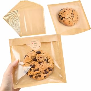 100 Pack Heat Sealable Cookie Bags, 7.1 x 7.5 Inch Paper Bakery Bags with Window To Go Pastry Bags for Dessert, Bagel, Egg Sandwich
