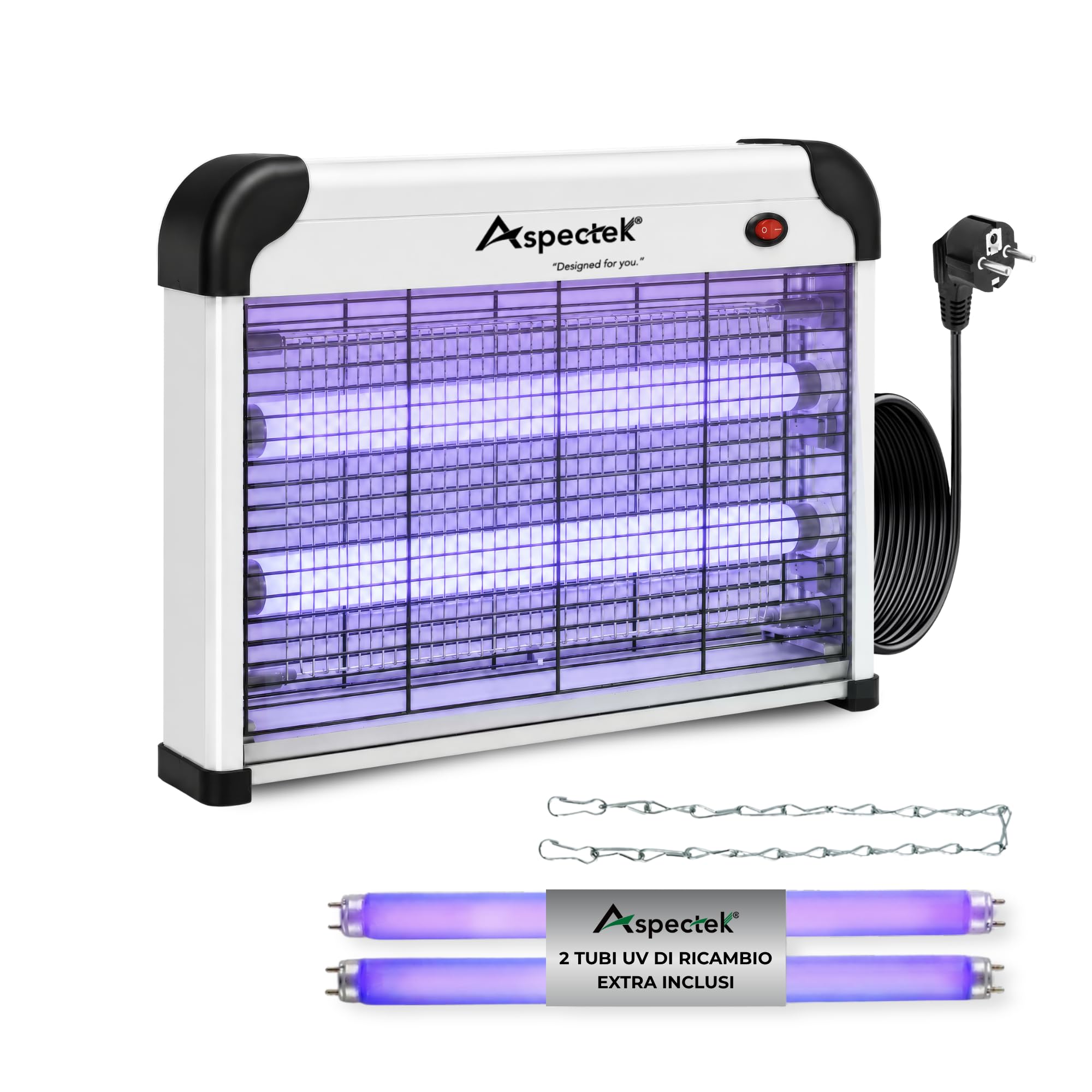 ASPECTEK Lampada Antizanzare Elettrica 20W 2800V – Sterminatore di Insetti e Mosche per Interni, Trappola per Insetti Volanti (Zanzare, Mosche, Moscerini), Include 2 Lampadine UV di Ricambio