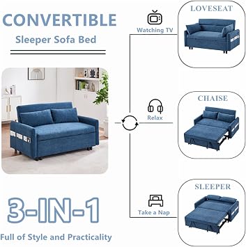 Loveseat Sleeper Pull Out Bed, 3 in 1 Convertible Sleeper Sofa Bed with USB Ports and 2 Pillows,Microfiber Upholstery Love Seat Lounge Sofa Bed Couch for Living Room,No.1-Blue