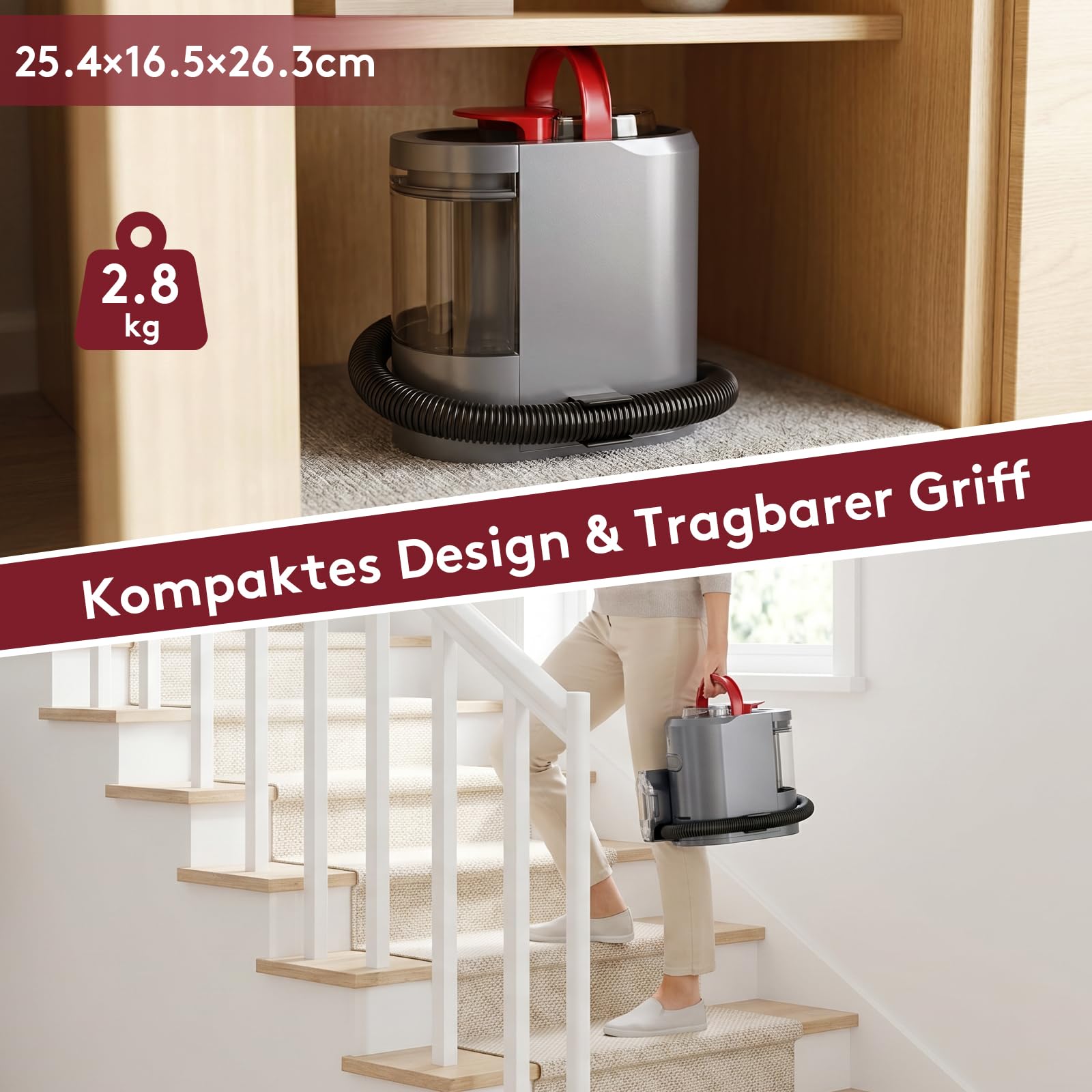 Nasssauger Polsterreiniger Gerät,600 W– 22 kPa Teppichreiniger Waschsauger,Tragbares Teppich-Reinigungsgerät mit Selbstreinigung und langem Schlauch für Sofas,Teppiche & Auto-Innenräume