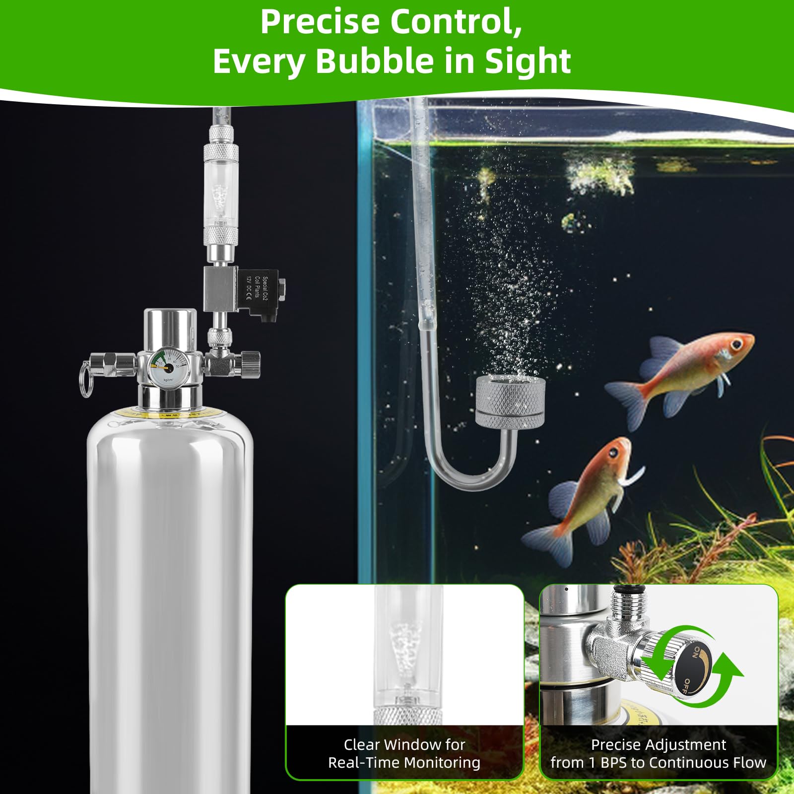 Kit Generador de CO2 para Acuario, Botella 2L Acero Inoxidable con Electroválvula y Contador de Burbujas
