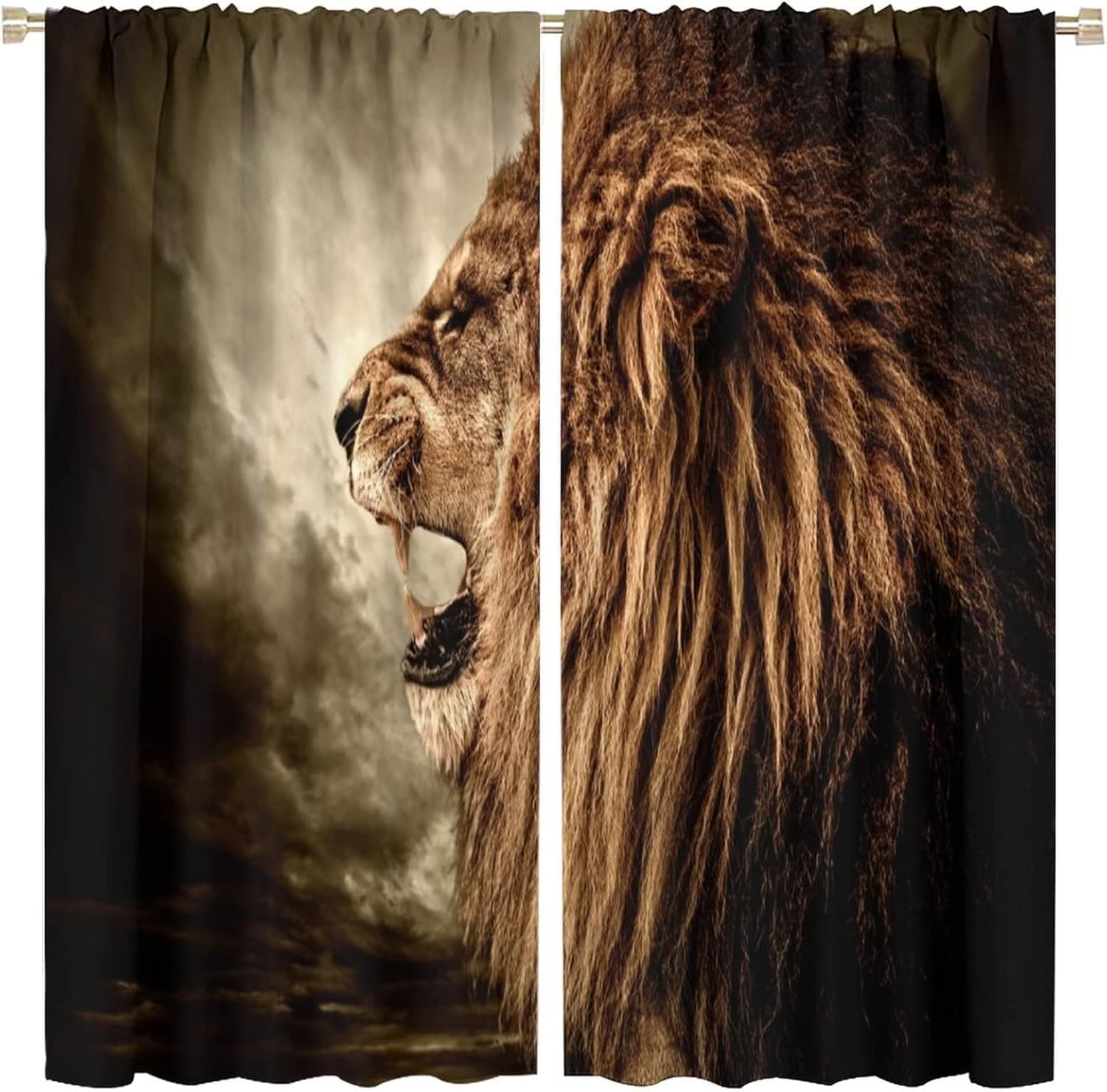 Rideau occultant lion animalier 3D thermique polyester 2 pièces salon