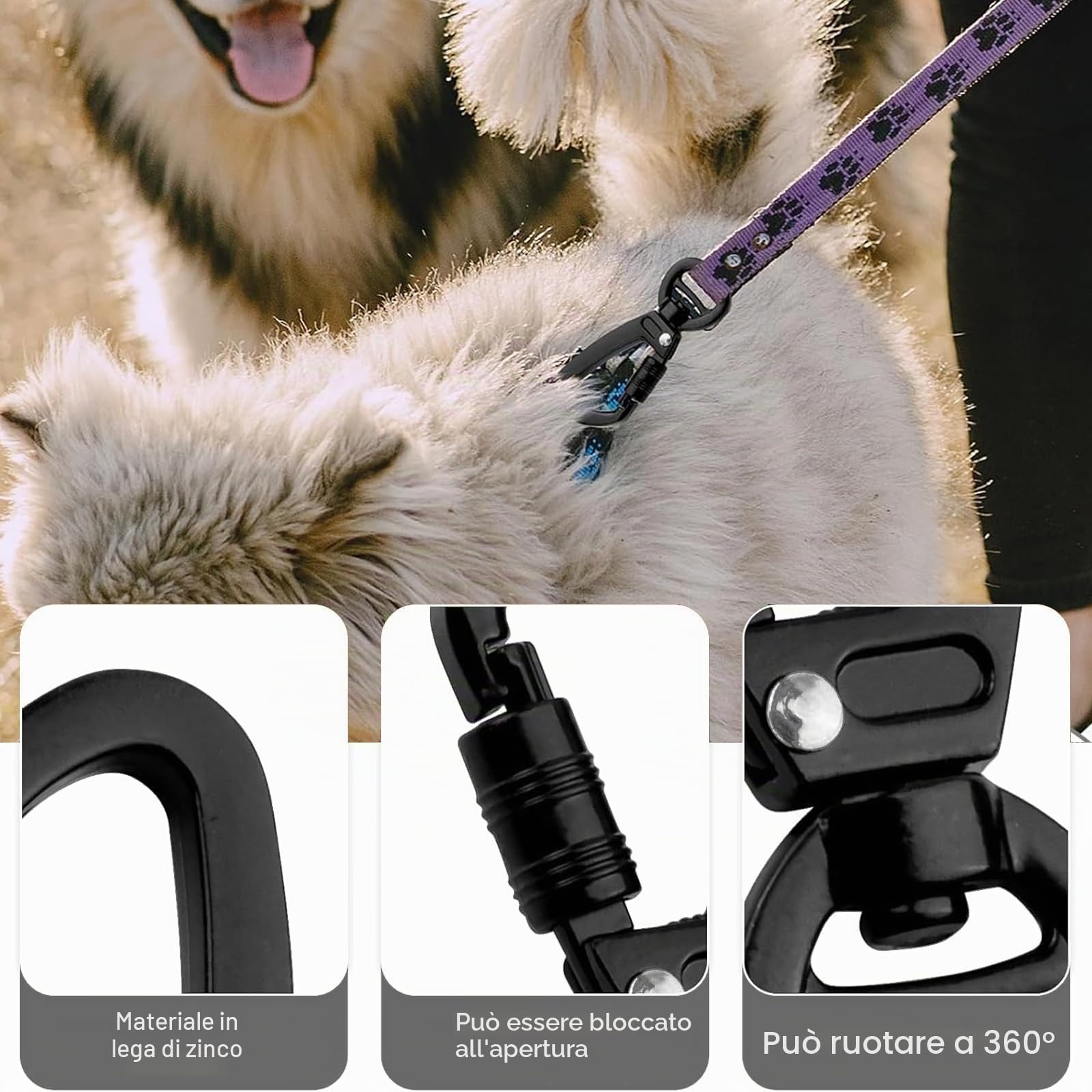 5pcs Moschettone con Girevole Nero per Cani Lino, Moschettone Verticale 360 Gradi con Girevole Portachiavi in Lega di Zinco Accessori Esterni