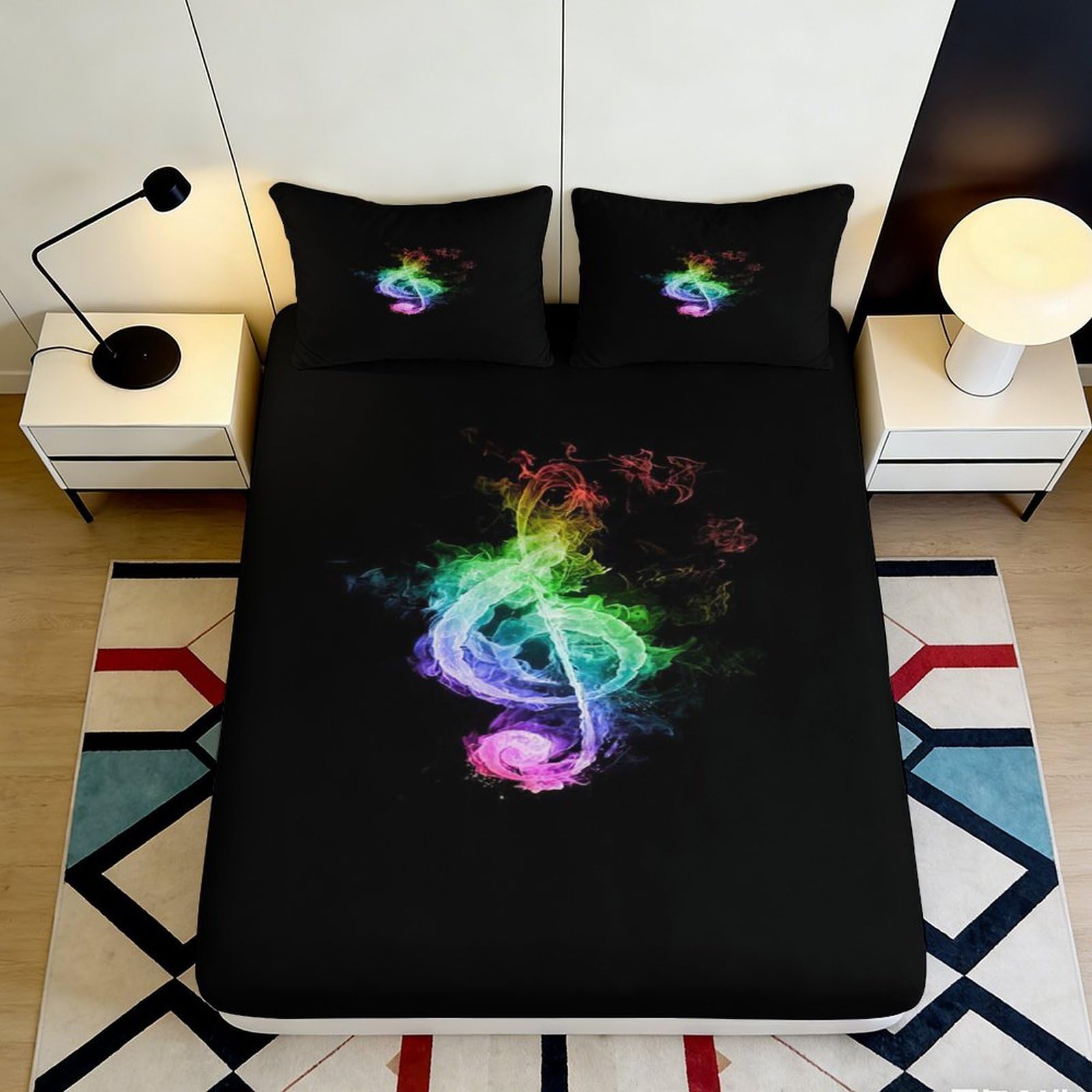 Vibrant Decor 3D Printed Fitted Sheet with Colorful Musical Note Pattern, Microfiber Soft Touch, Bedroom, Guest Room Bedding 90x200x25cm