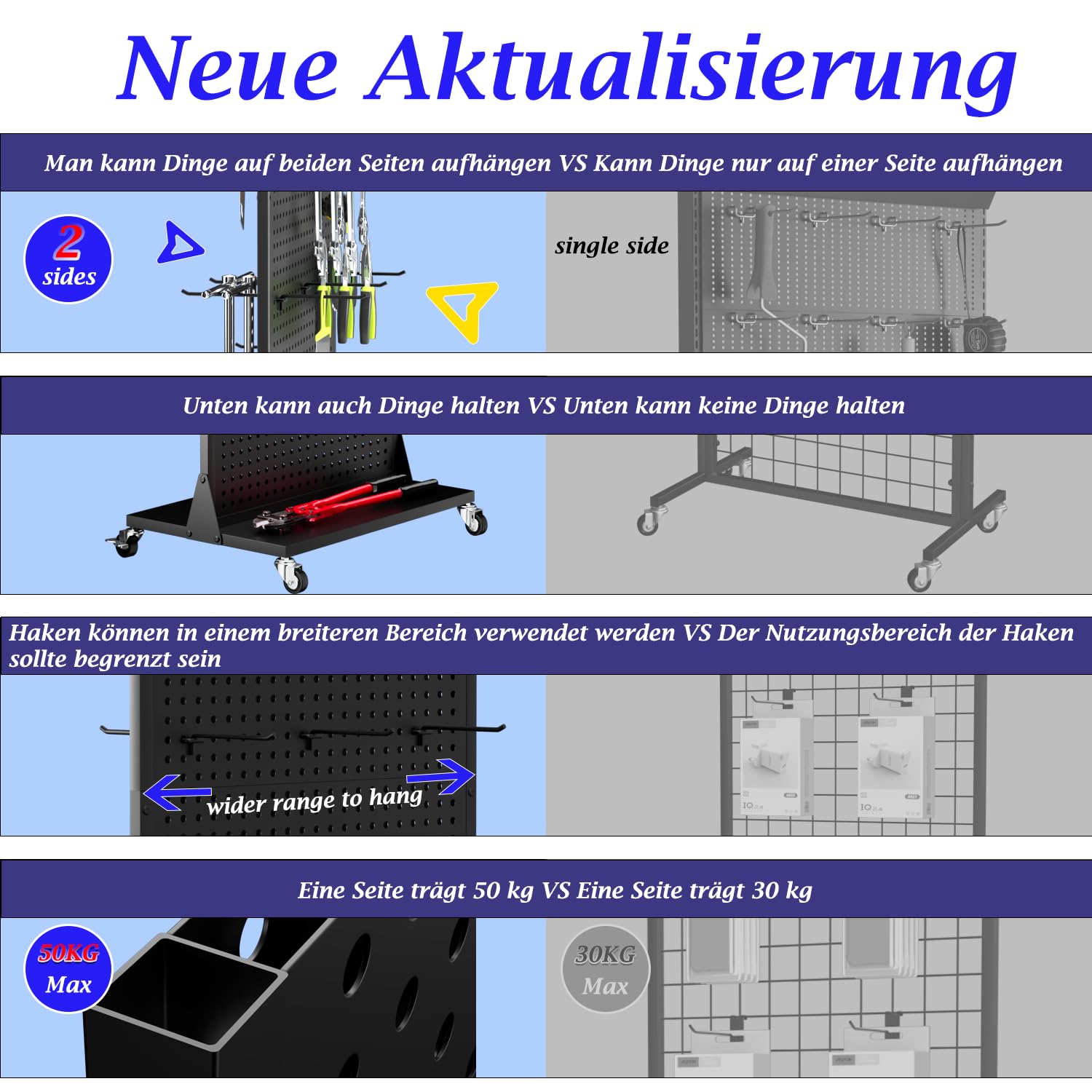 Metall-Stecktafel-Ausstellungsständer – Doppelseitiges Stecktafel-Regal mit 30 Haken, 160 x 58 x 38 cm, tragbarer Stecktafel-Organizer für Heimwerker, Küchendekoration, Handyladen/Schwarz