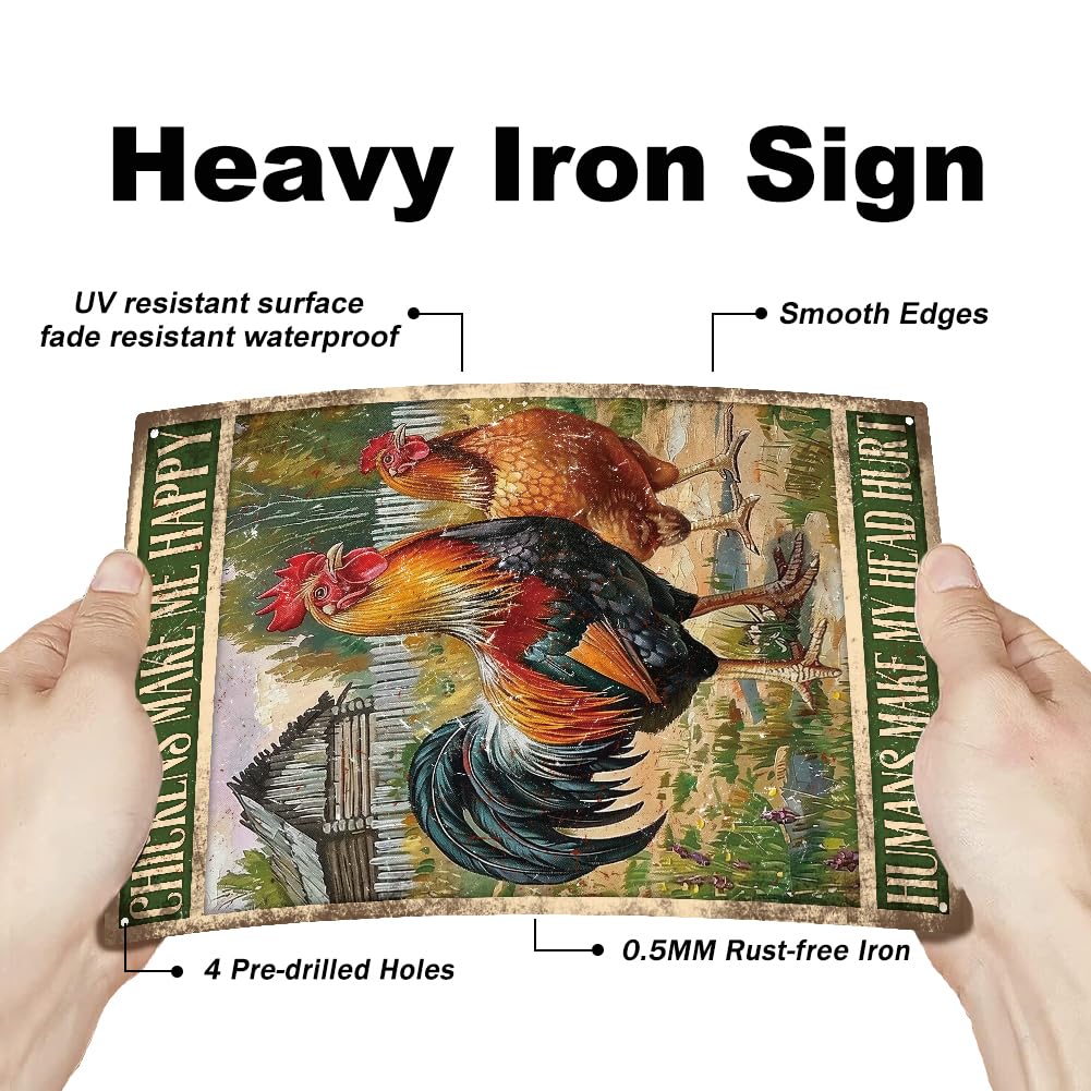 GLOBLELAND "Chickens Make Me Happy Humans Make My Head Hurt" Funny Chicken Metal Tin Sign 12x8in/30x20cm Rooster and Hen Art Plaque Poster Wall Decor for Outdoor Yard Garden Chicken Coop Shed - Image 3