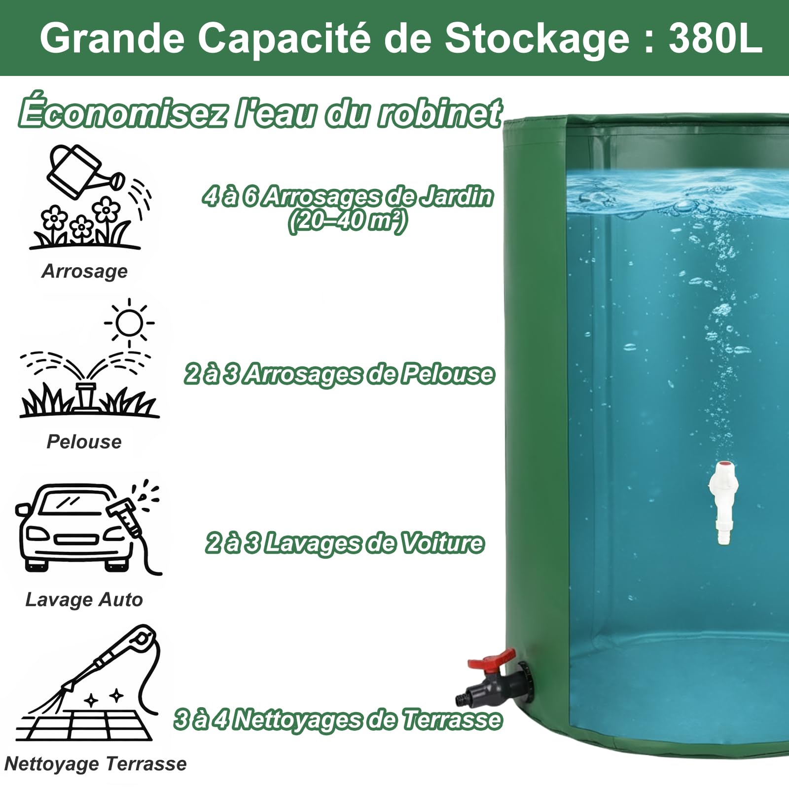 BeGrit Barril de Lluvia Plegable 380L Cisterna Agua Sistema Recogida Agua | Barril Portátil con Válvula Drenaje PVC 1000D Tanque de Lluvia con Doble filtración y Anclaje al Suelo para Riego de Jardín