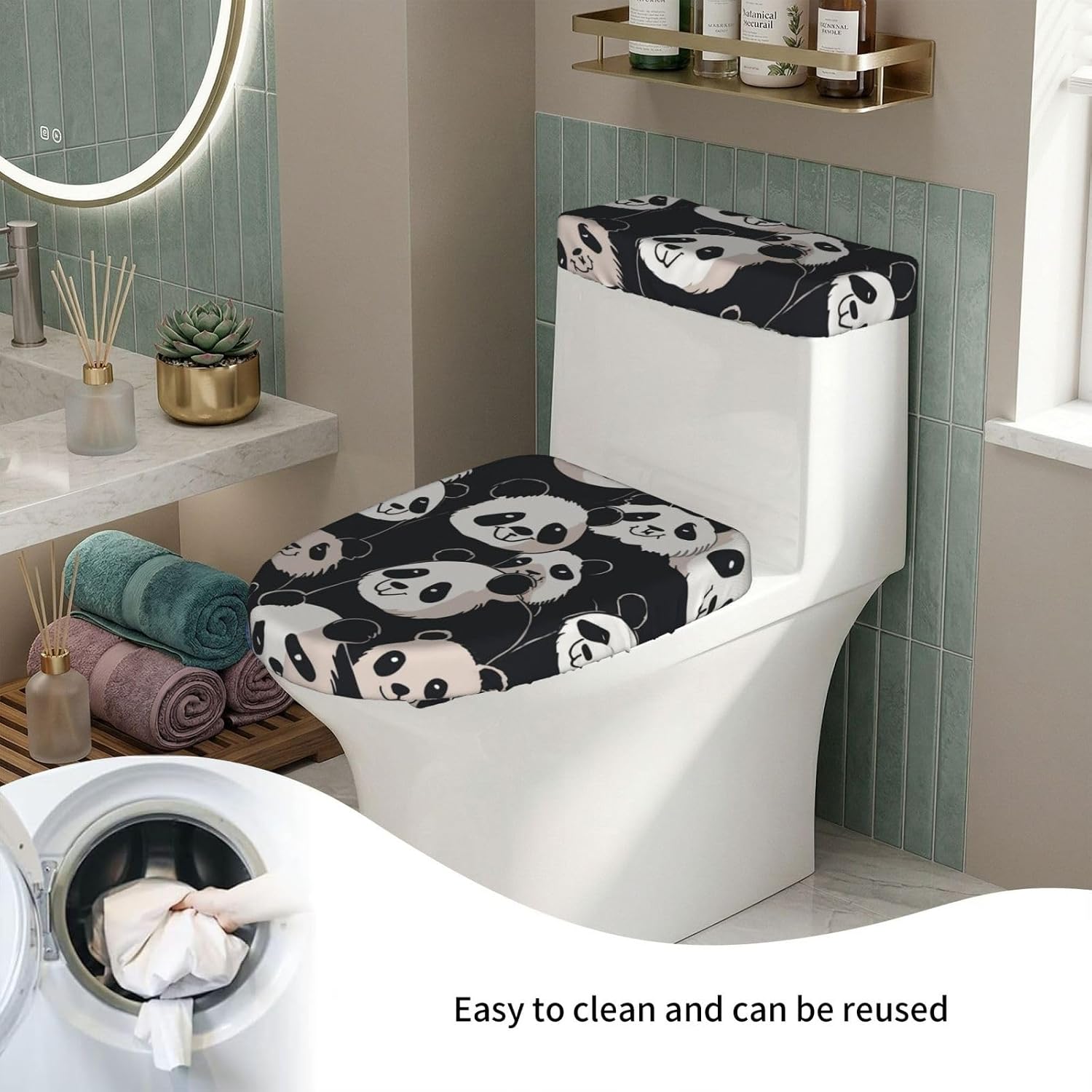 Funny Panda Toilet Tank Cover And Toilet Lid Cover Set Stretch Bathroom Toilet Lid Seat Cover