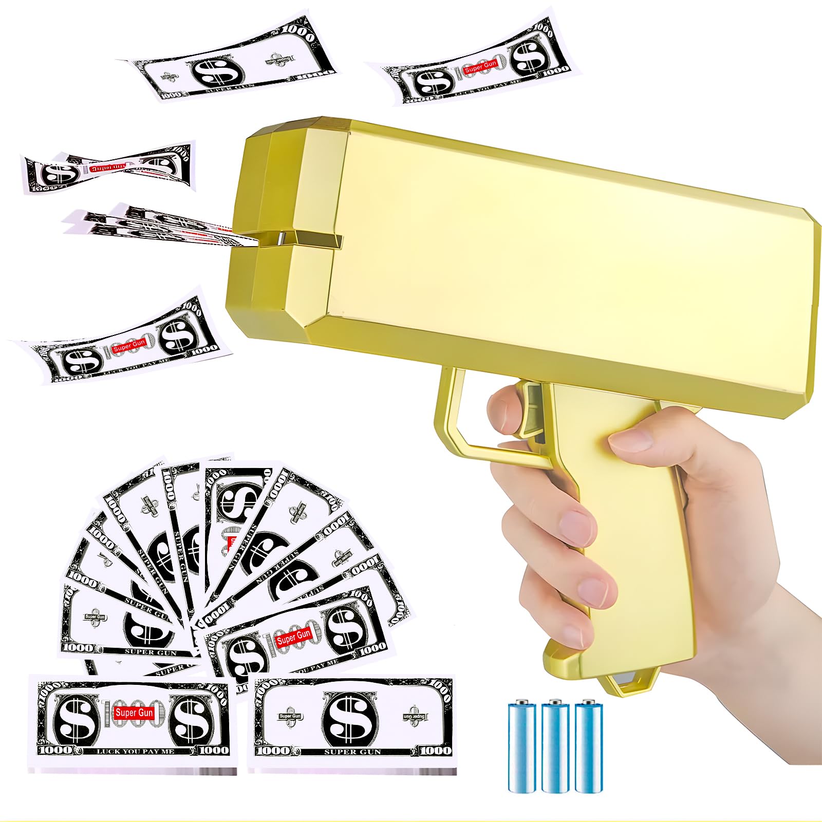 Money Gun Shooter with 200pcs Prop, Handheld Make It Rain Spray Money Toy Cash Gun, Party Prop for Weddings, Birthdays
