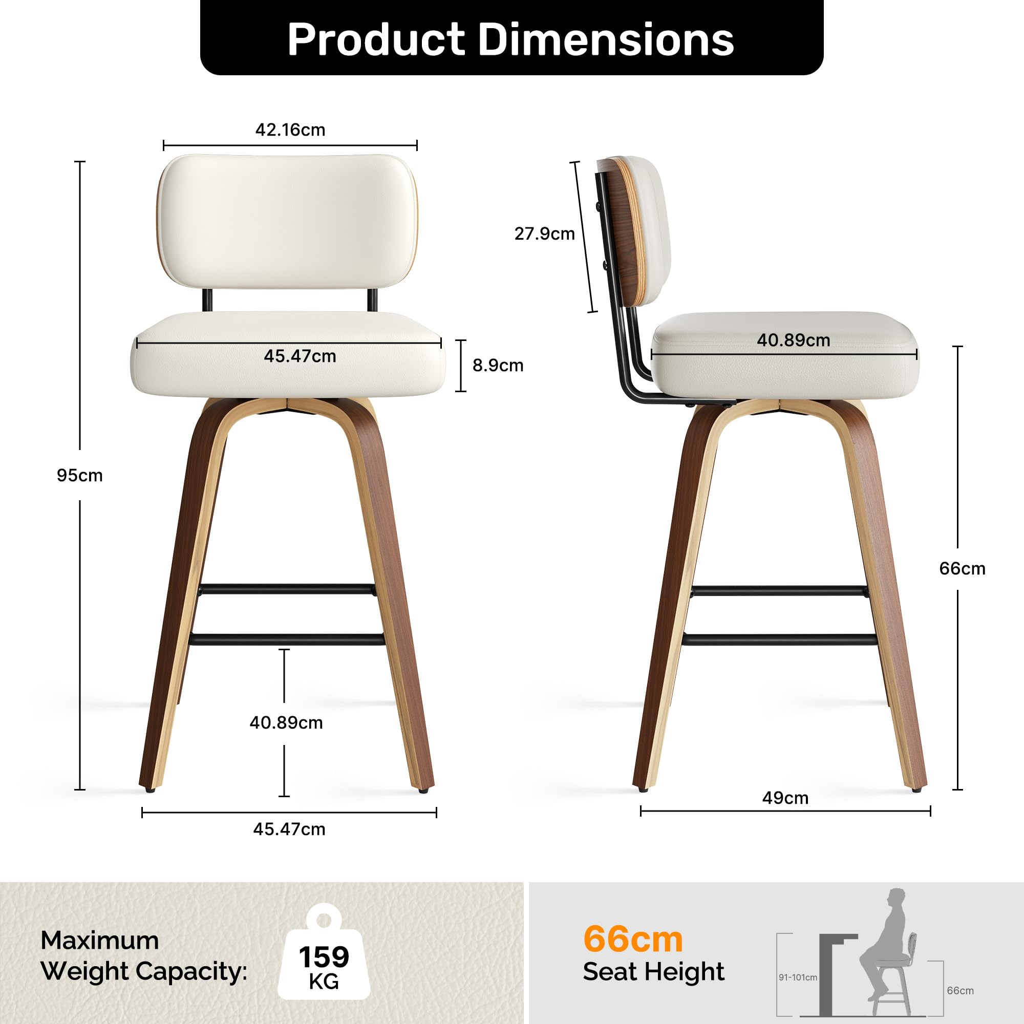 360°Drehbarer Barhocker 2er Set, PU Barhocker 65cm Sitzhöhe mit Holzbeinen, Mid-Century-Design Bar hocker mit 4 Beinen und Lehne, Barstühle Küchenhocker für Küche und Bar,Weiß