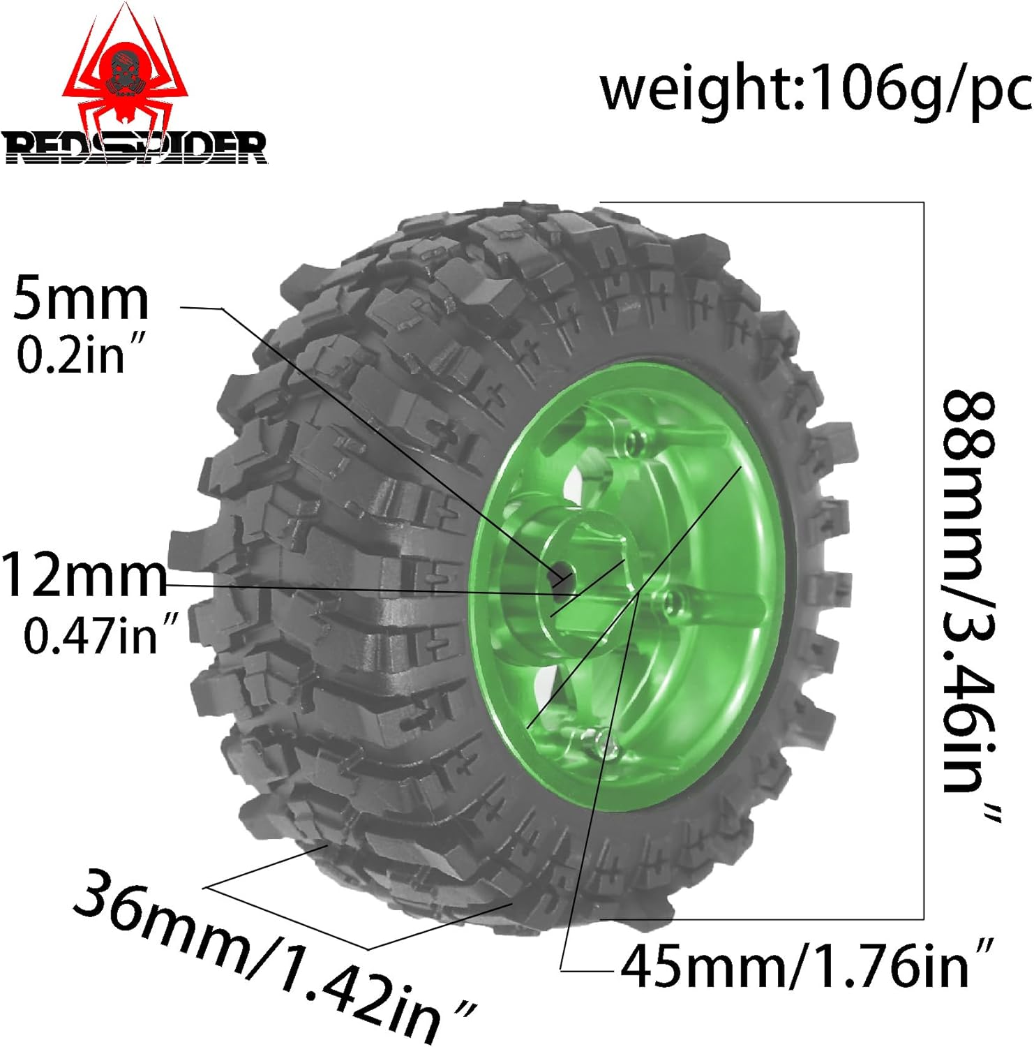REDSPIDER Metal 1.9'' Beadlock Wheels and Crawler Tires OD 88MM/3.46'' (4PCS) for 1/12 RC Crawler MJX H12Y+ MN-128 MN82S LC79 ﻿ (Green)