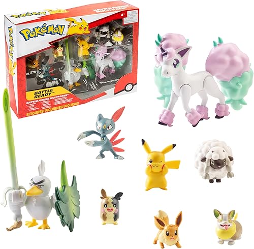 Pokemon Figura Battle Ready! Juego de 8 juguetes – Espada y escudo – Ponyta de 4.5 pulgadas y Pikachu de 2 pulgadas, Eevee, Wooloo, Sneasel, Yamper,