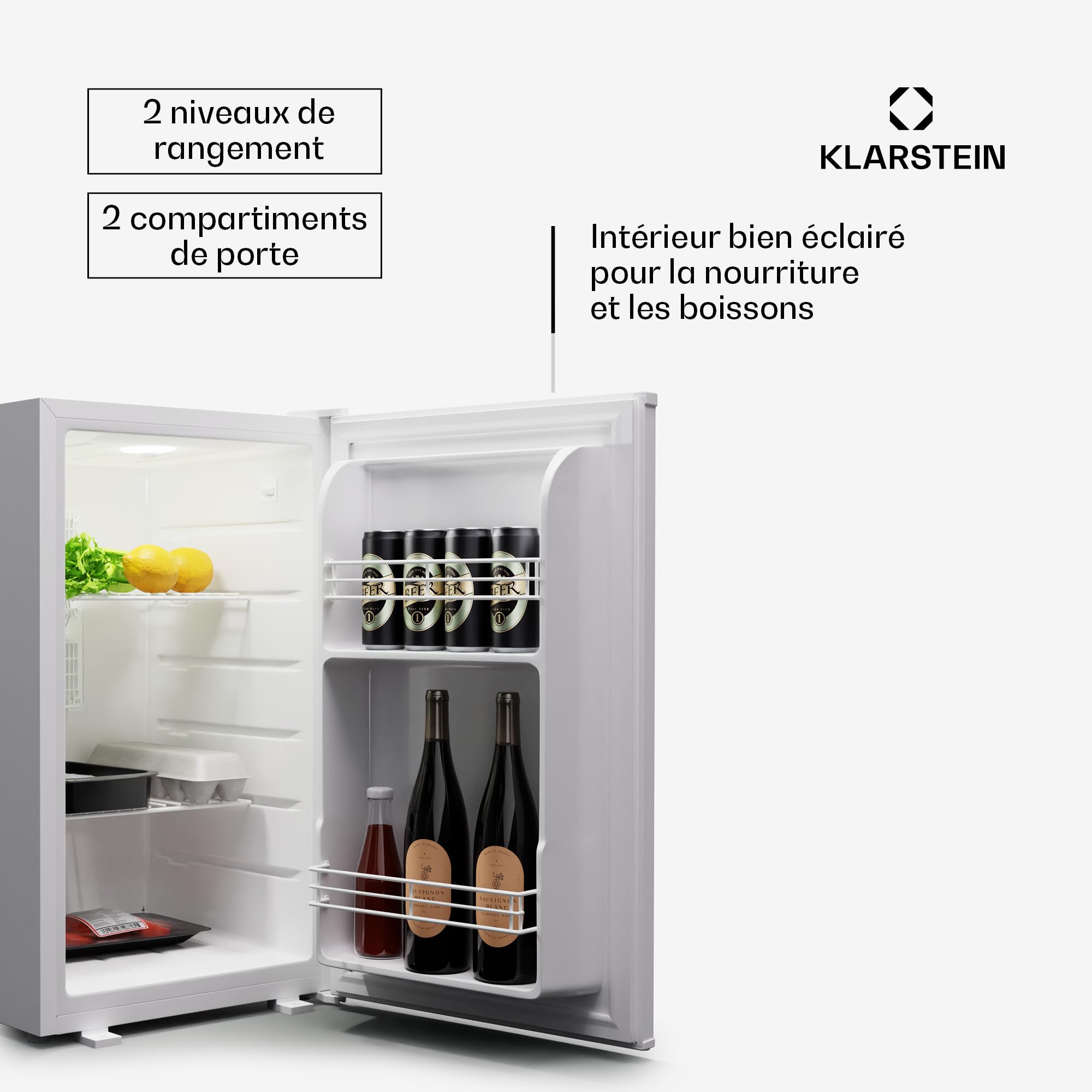 Klarstein réfrigérateur, mini-réfrigérateur avec porte vitrée, 68 L pour boissons, snacks et cosmétiques, petit et silencieux, clayettes réglables, petit pour soins de la peau