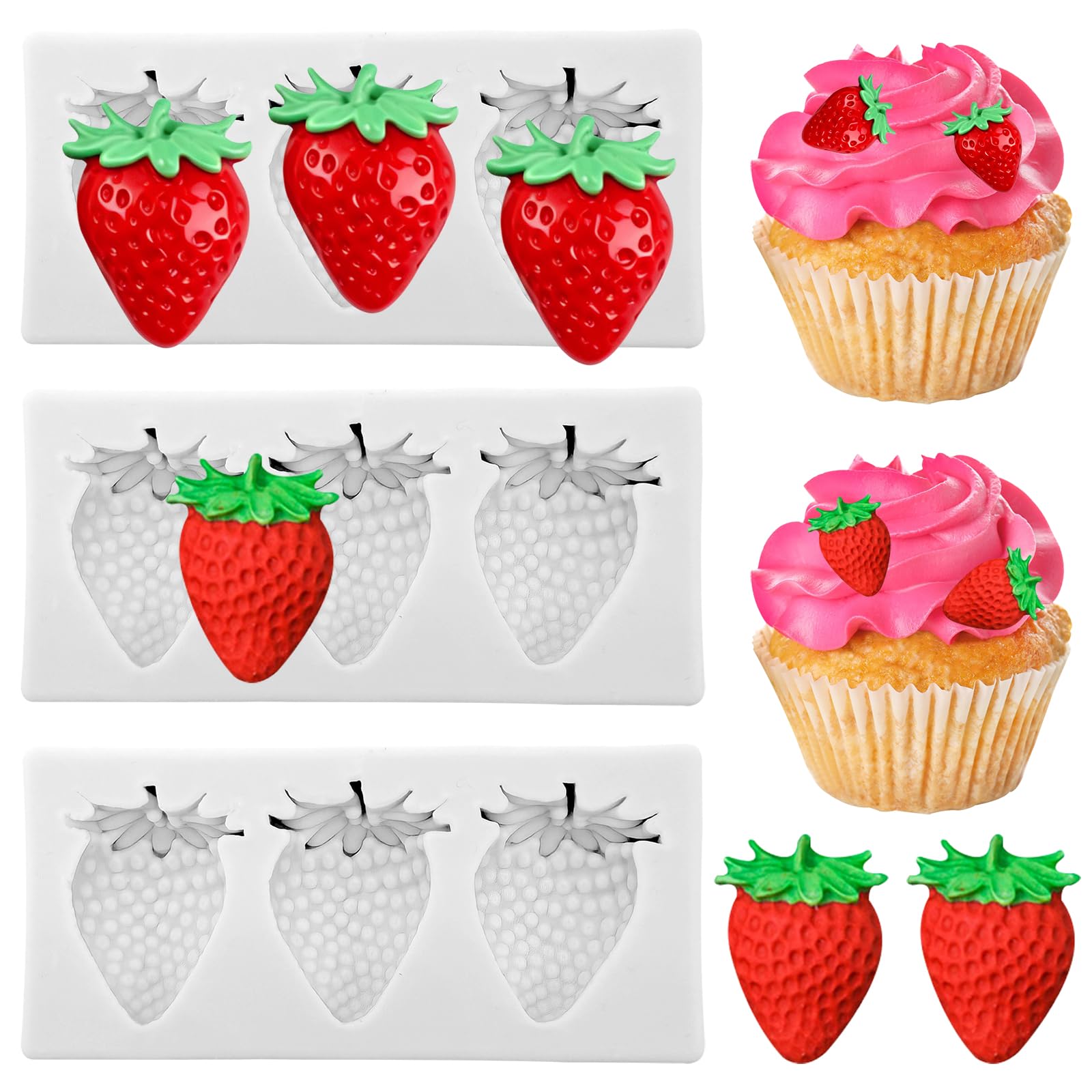 3 Pack of 3D Strawberry Silicone Mould,3 Cavity,for Fondant Cake Decorating