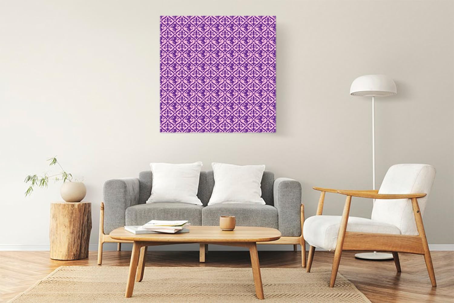 VERRE ART Printed Framed Canvas Painting for Home Decor Office Wall Studio Wall Living Room Decoration (22x22inch Wrapped) - Purple Rampant Lion and Fleur-de-Lis Pattern