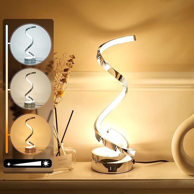 Allesin Bedside Table lamp Spiral, 3 Color Temperatures, Stepless dimmable lamp with USB A & C Ports, Touch Control LED Nightstand Lamp, Desk Lamp for Bedroom, Living Room