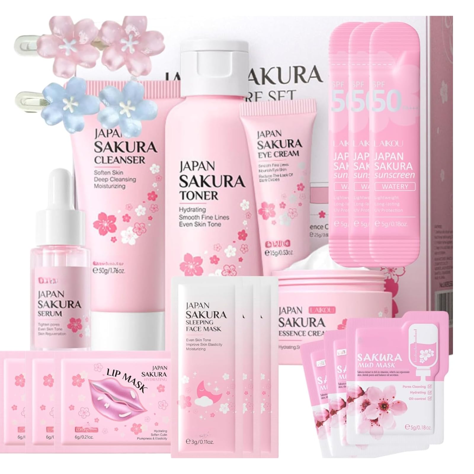 Sakura Skincare Kit ,19 PCS Japanese Cherry Blossom Facial Care Set with Cleanser, Toner, Serum, Cream, Sunscreen, Sleeping, Mud & Lip Masks, Hair Clips, Birthday & Christmas Gifts for Teenage Girl
