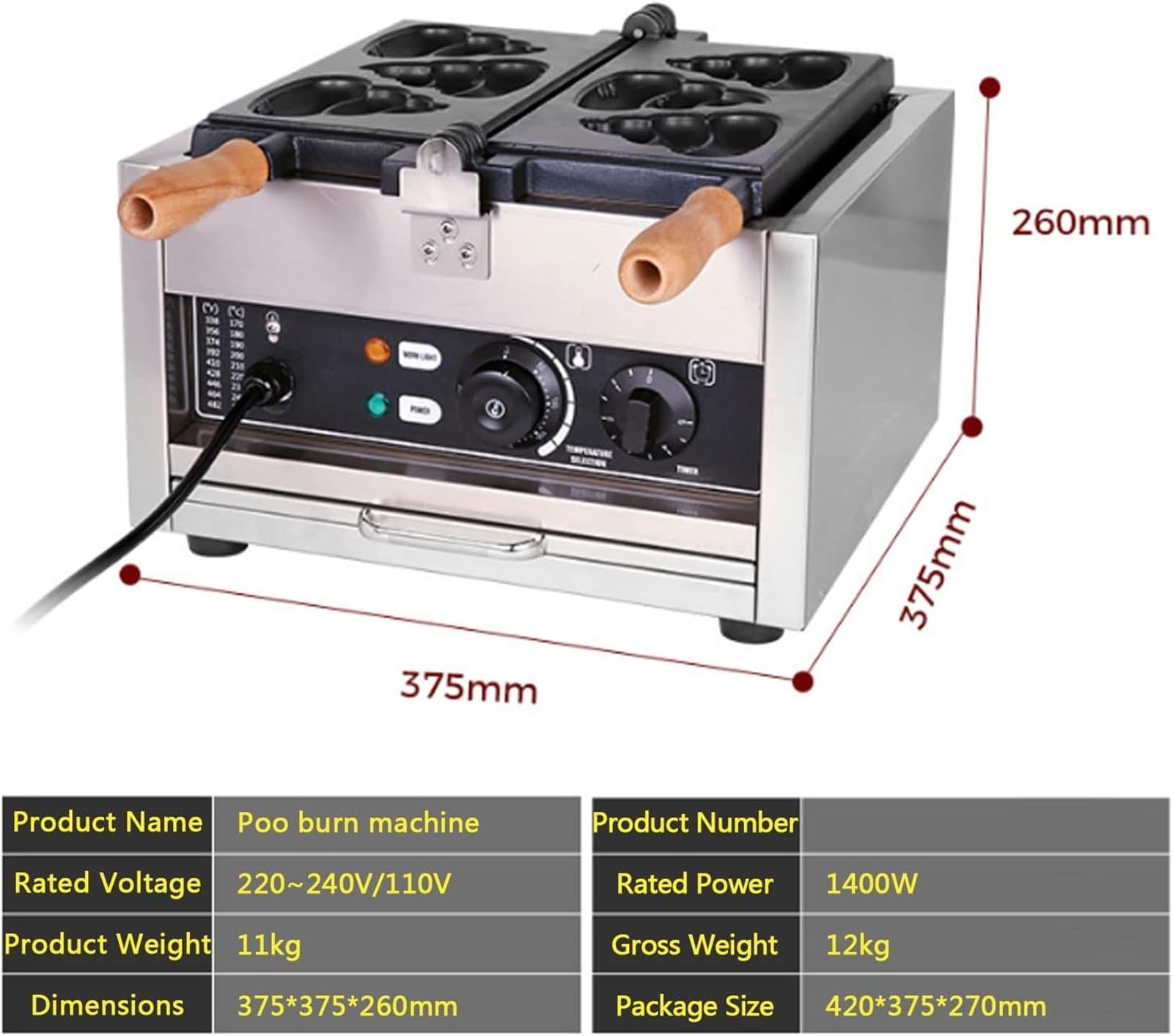 Komercyjna elektryczna gofrownica do gofrów, korpus ze stali nierdzewnej, regulacja temperatury 50-250 ℃, timer, lampki ostrzegawcze, kompaktowa gofrownica na śniadanie, lunch i przekąski, łatwa