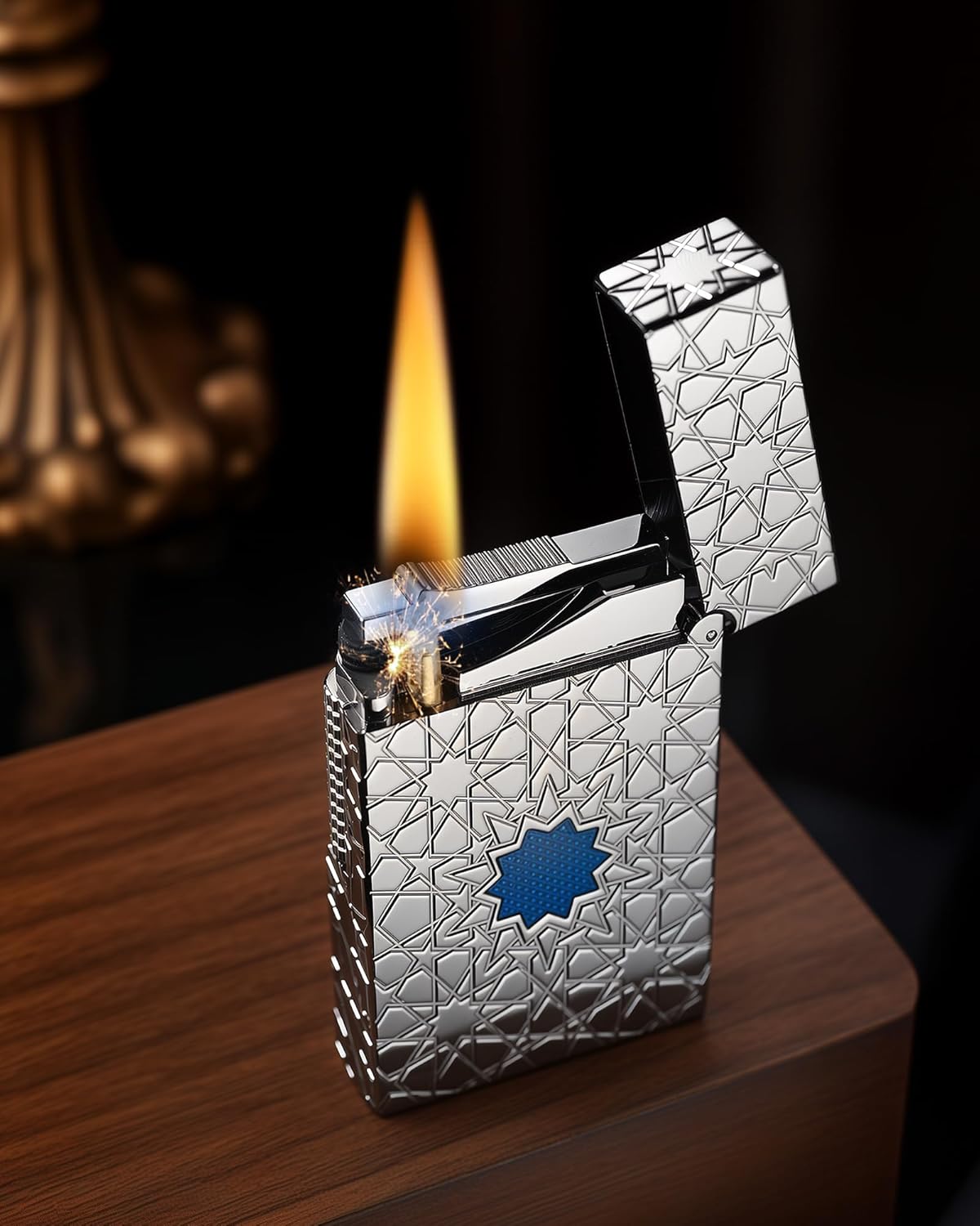 Luxury Vintage Crisp Sound Thin Brass Kerosene Lighter, Soft-Flame, Refillable, Side-Slide,Unique Flip Pocket Silver Fluid Lighter, Inlay, Classic, Collectible, Holiday Men's Gift,Thorens Stellar Mesh