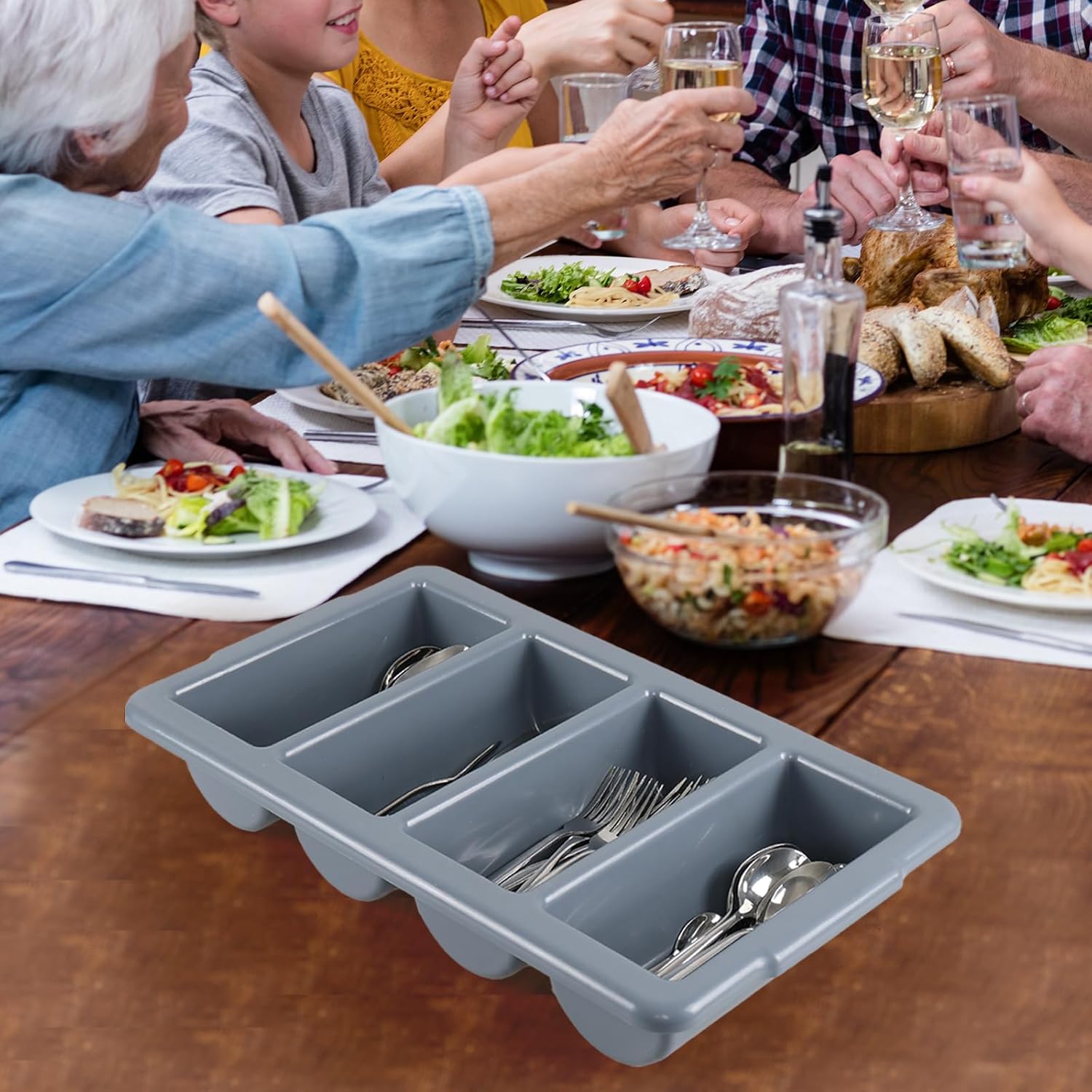 Set of 4 Heavy-Duty Cutlery Bins – 4-Compartment Commercial Silverware Tray (10" Internal Length) – Nestable, Washable, Gray (21.3" x 12.8")