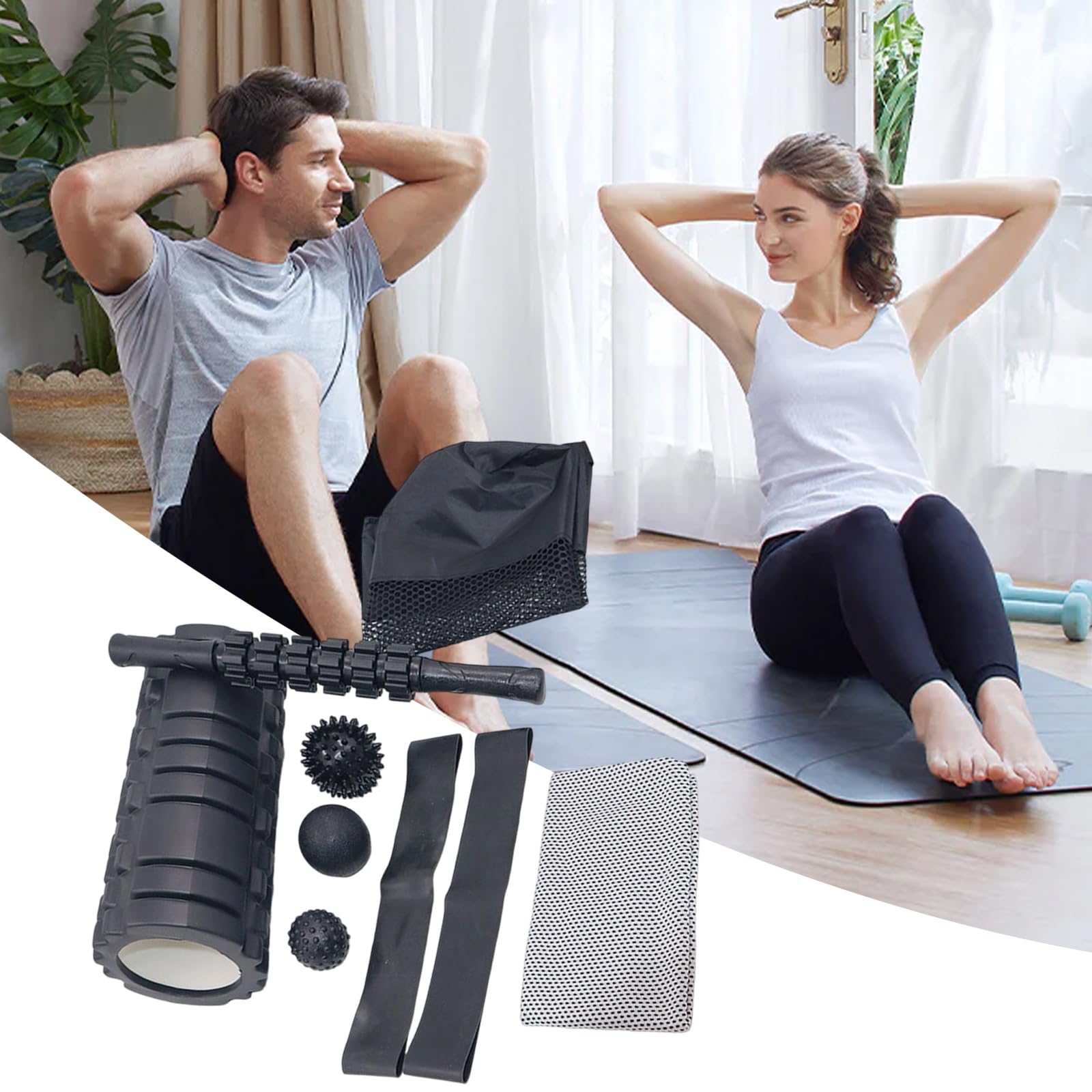 Komplettes Yoga Zubehör Set: Schaumstoffrolle, Massagestab, Widerstandsband zur Muskelregeneration, Präsentations Stretching Trommel mit Massageball
